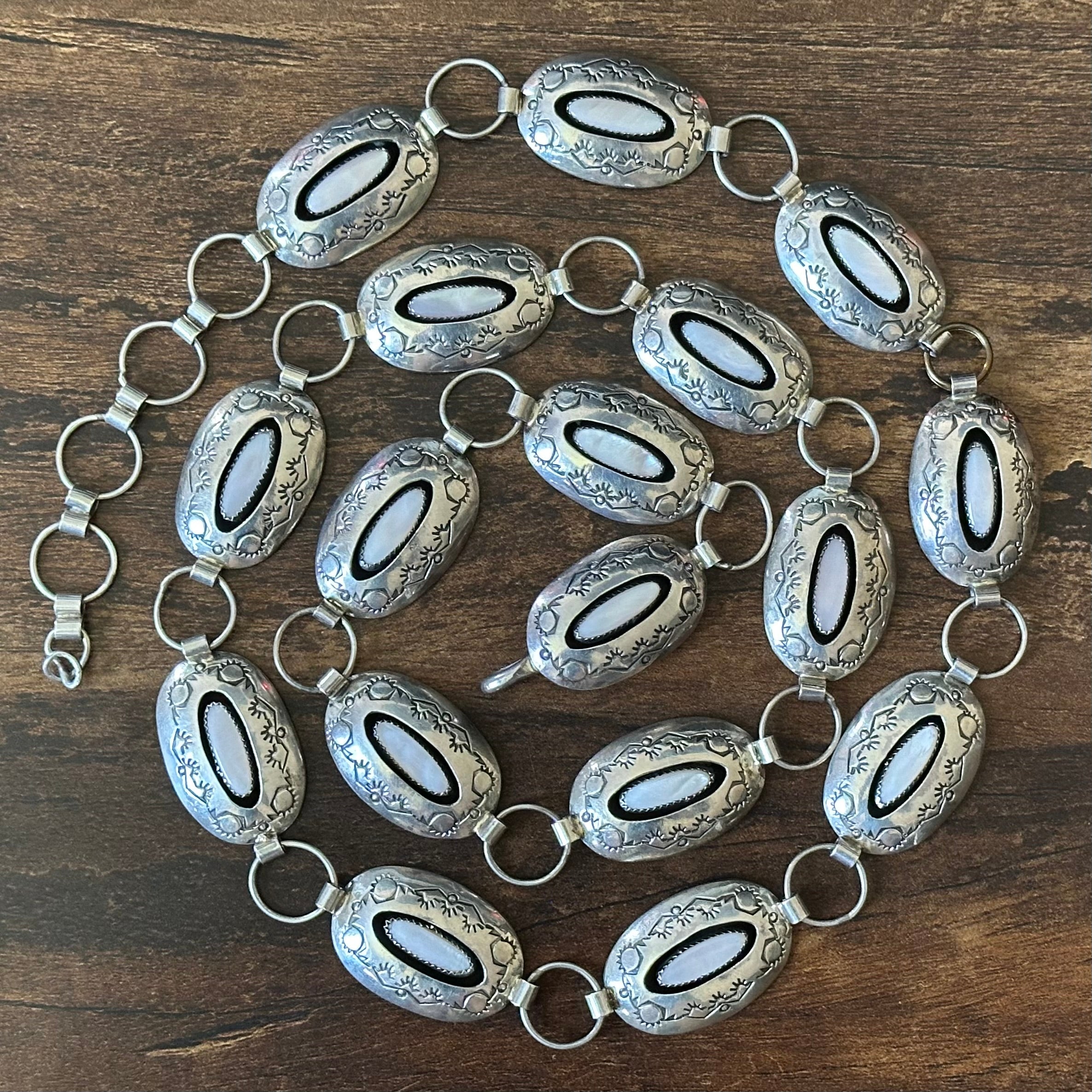 Navajo P Benally Pink Mother of Pearl Sterling Shadowbox 17 Concho Hand Stamped Belt