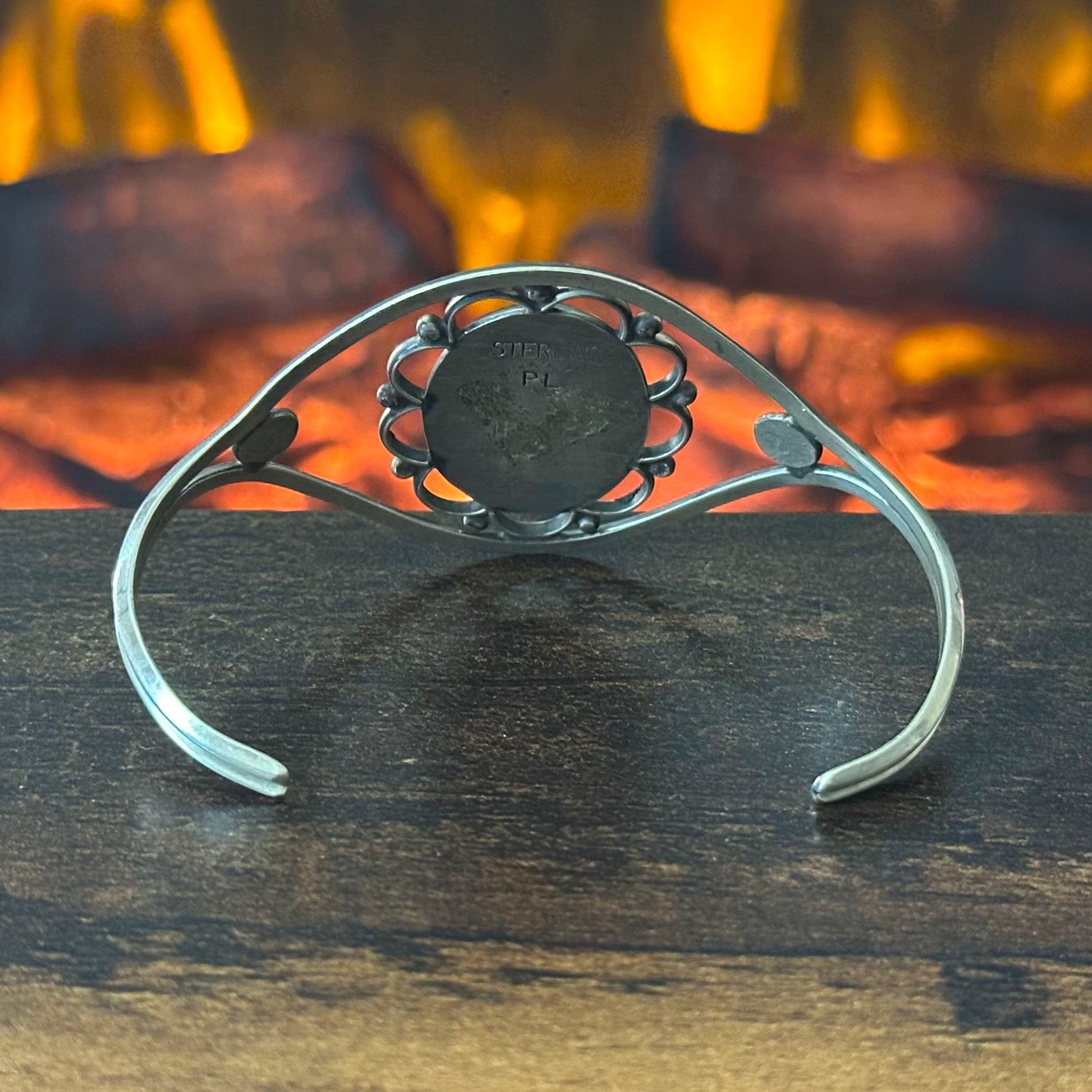 PL Signed Turquoise 3 Stone Sterling Shadowbox Hand Stamped Floral Cuff