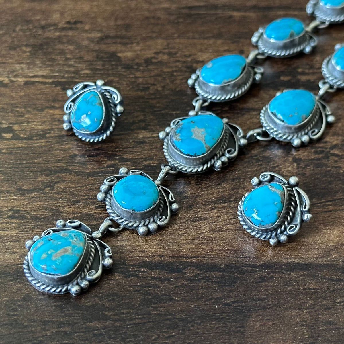 Navajo Freda Martinez 9 Stone Kingman Turquoise Sterling Twist Wire Raindrop Lariat Necklace Earrings Set