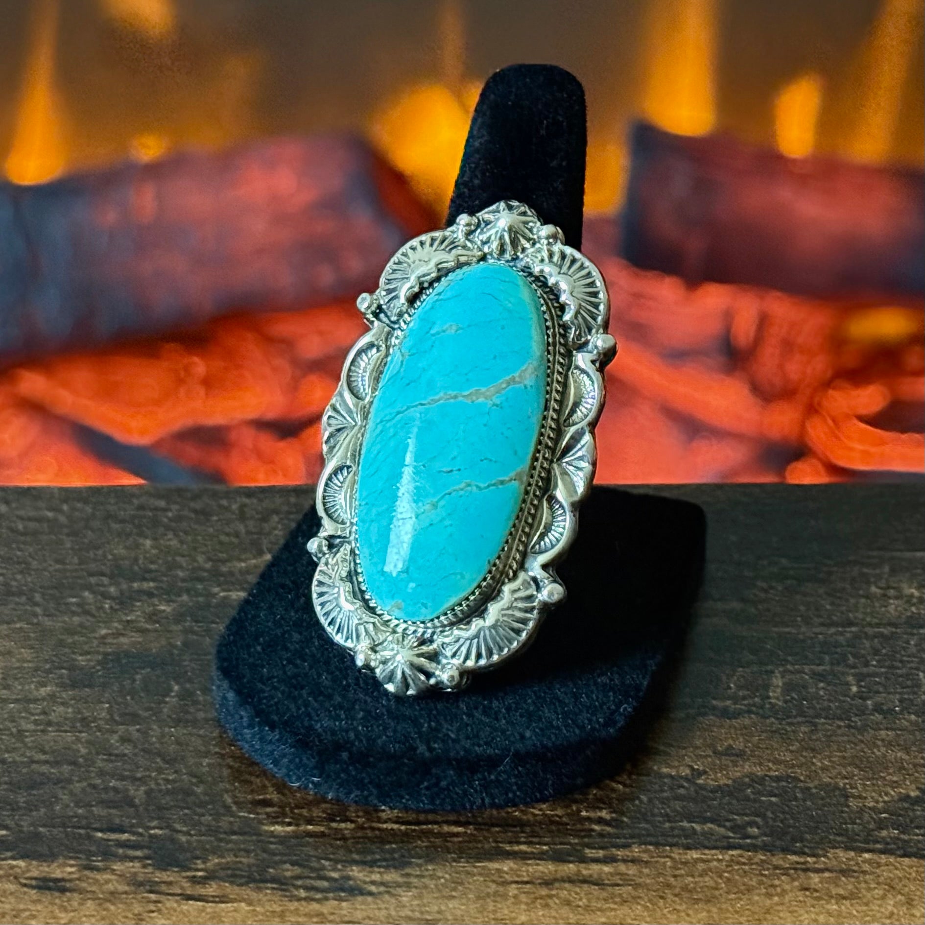 Running Bear Trading Turquoise Sterling Hand Stamped Twist Wire Bezel Statement Ring
