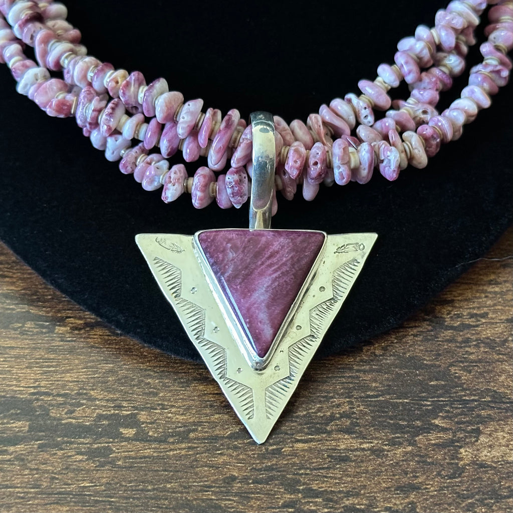 Kewa Emilio & Marguerite Chavez Turquoise Purple Spiny Oyster Sterling Heishi Triple Strand Pendant Necklace
