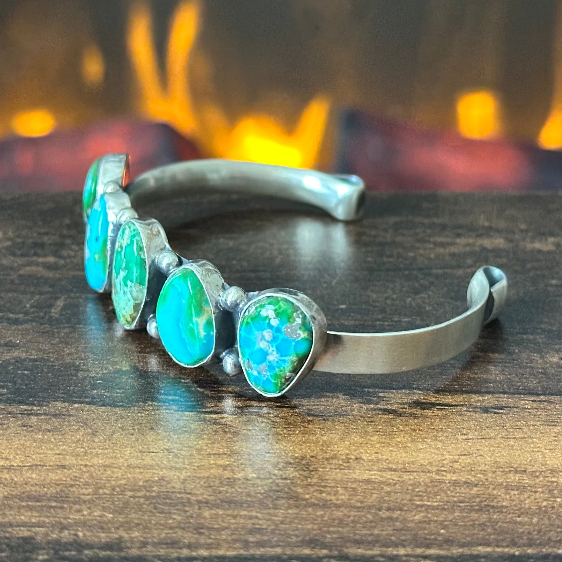 Navajo Darrell Morgan Sonoran Gold Turquoise 5 Stone Sterling Raindrop Cuff