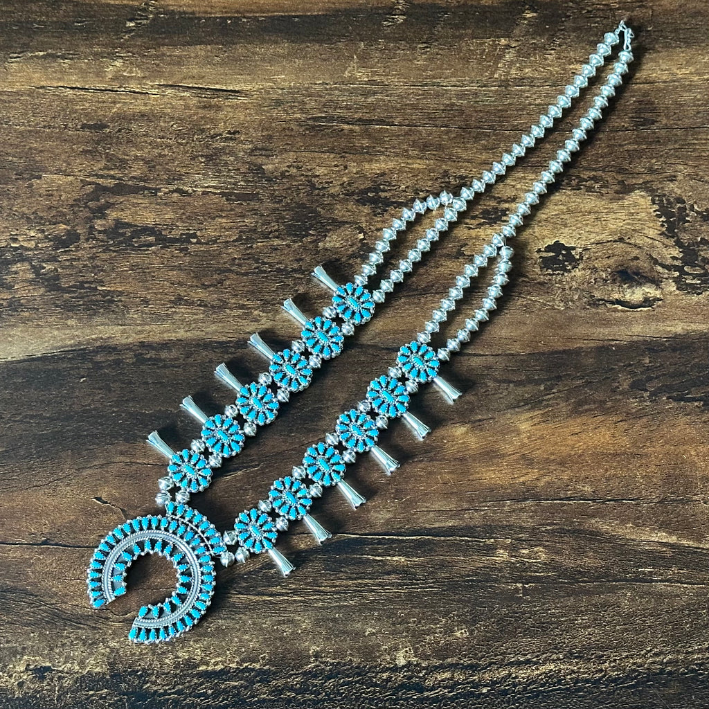 Navajo Elton James Reversible Turquoise Red Coral 376 Stone Sterling Petite Point Cluster Squash Blossom Necklace Earrings Set