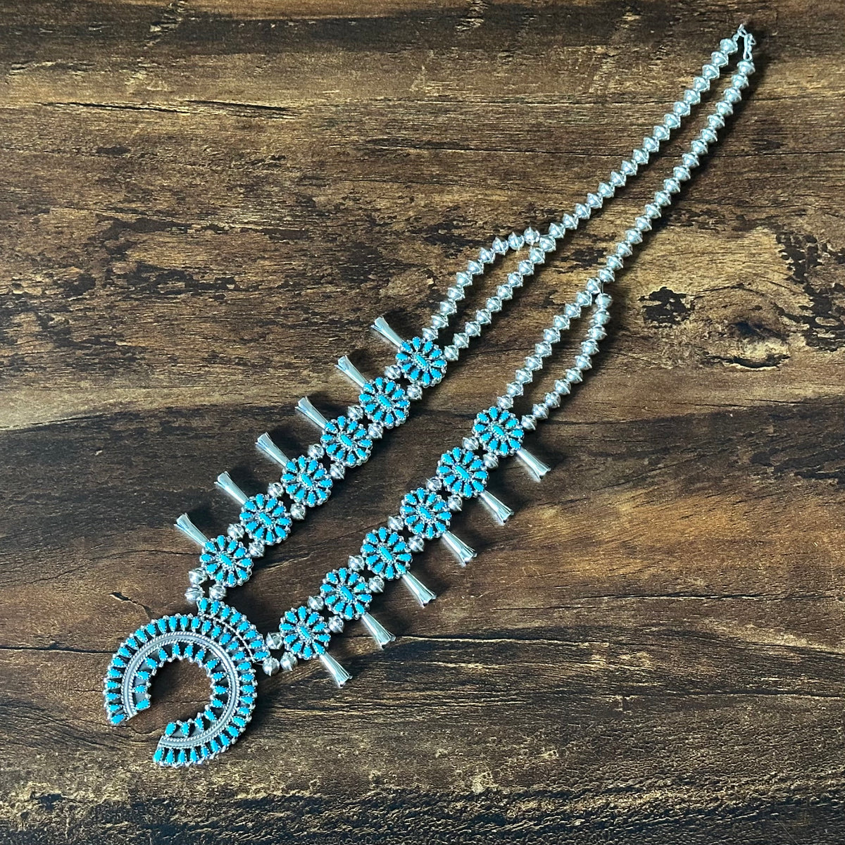 Navajo Elton James Reversible Turquoise Red Coral 376 Stone Sterling Petite Point Cluster Squash Blossom Necklace Earrings Set