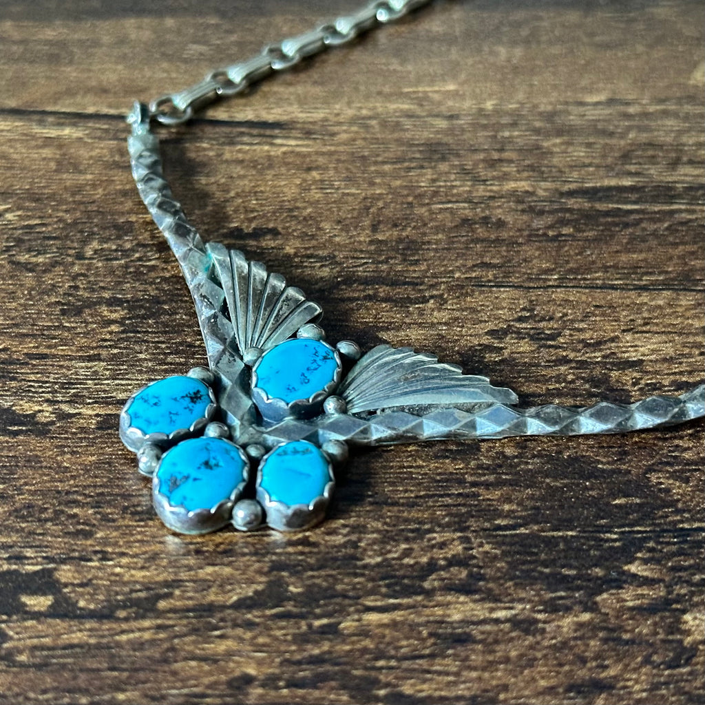 Vintage Turquoise 4 Stone Sterling Raindrop Fan Necklace