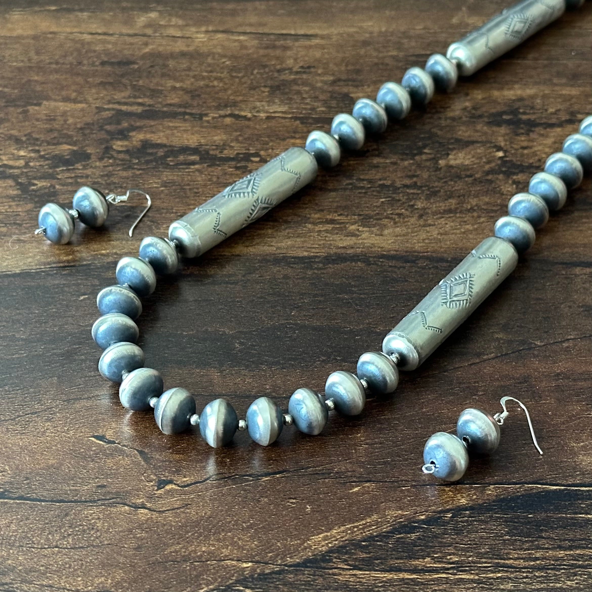 Navajo Sharon Cooley Sterling Handmade Stamped Cylinder Bead Necklace Earrings Set