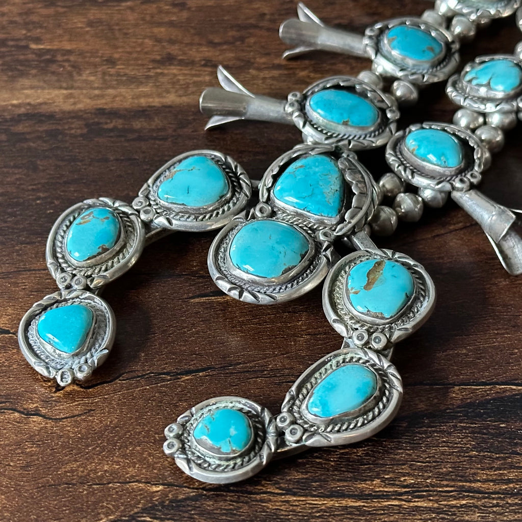 Vintage Turquoise 18 Stone Sterling Handmade Bead Twist Wire Leaf Squash Blossom