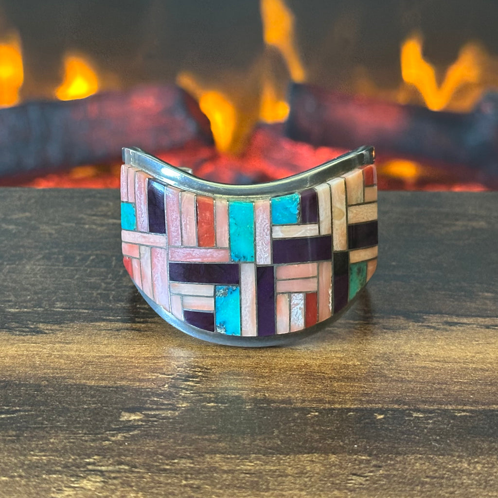 Navajo Jim Harrison Pink Conch Sugilite Red Coral Turquoise Sterling Inlay Statement Cuff