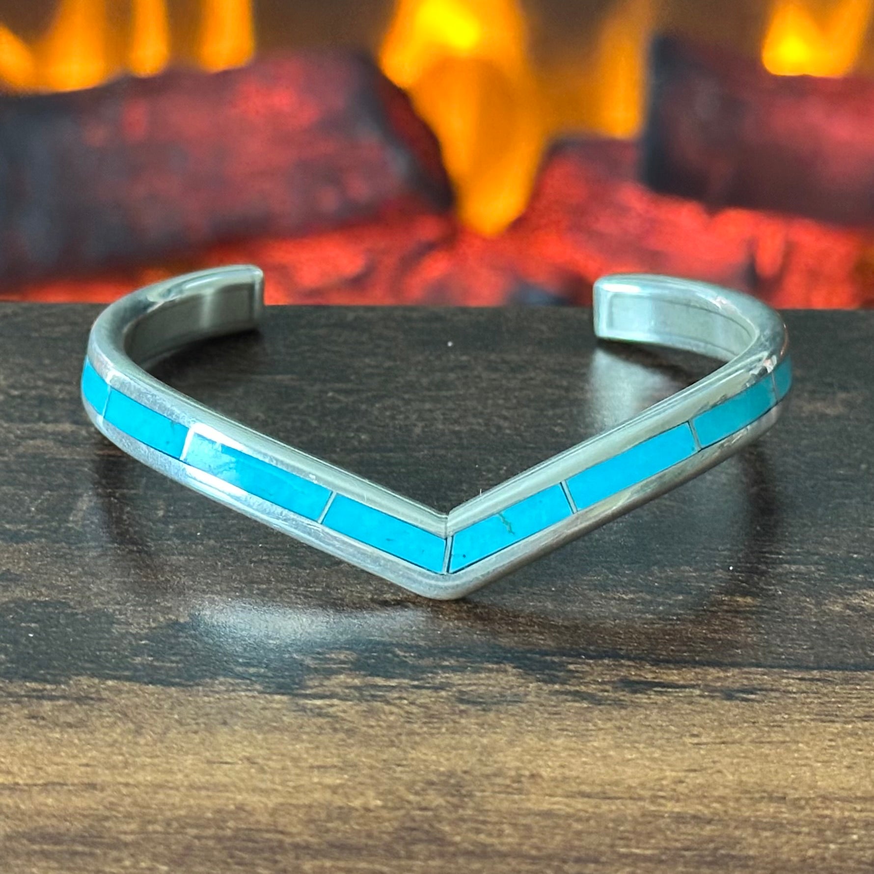 Zuni Larry Loretto Turquoise Sterling Inlay Chevron Cuff