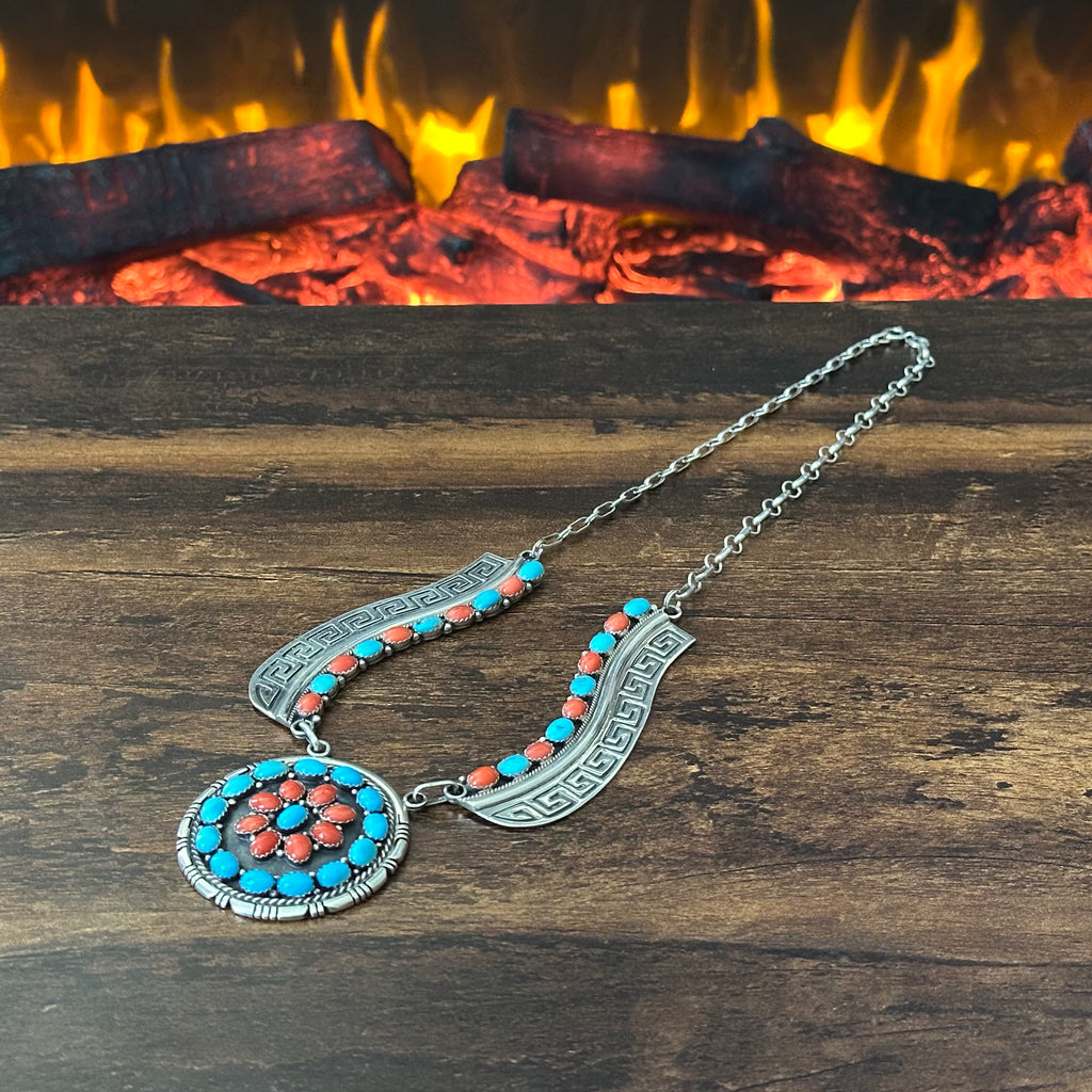 Navajo E. Etsitty Turquoise Red Coral 42 Stone Sterling Floral Cluster Statement Necklace