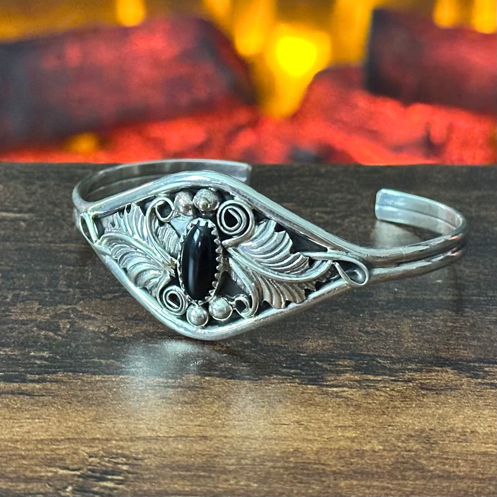Navajo Harry B Yazzie Onyx Sterling Ornate Leaf Cuff