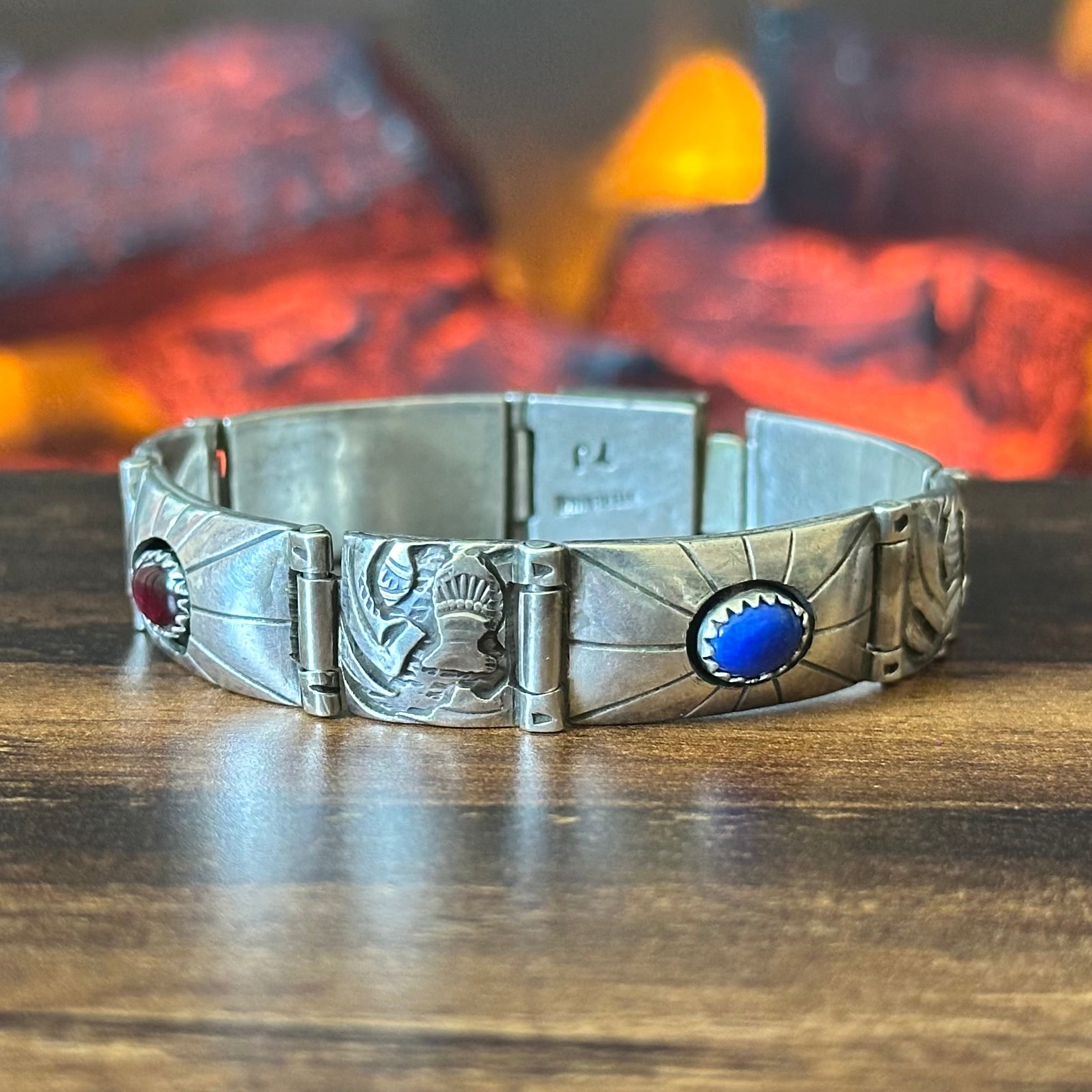 Navajo Tommy Jackson Turquoise Lapis Garnet Malachite Sterling Hand Stamped Bracelet
