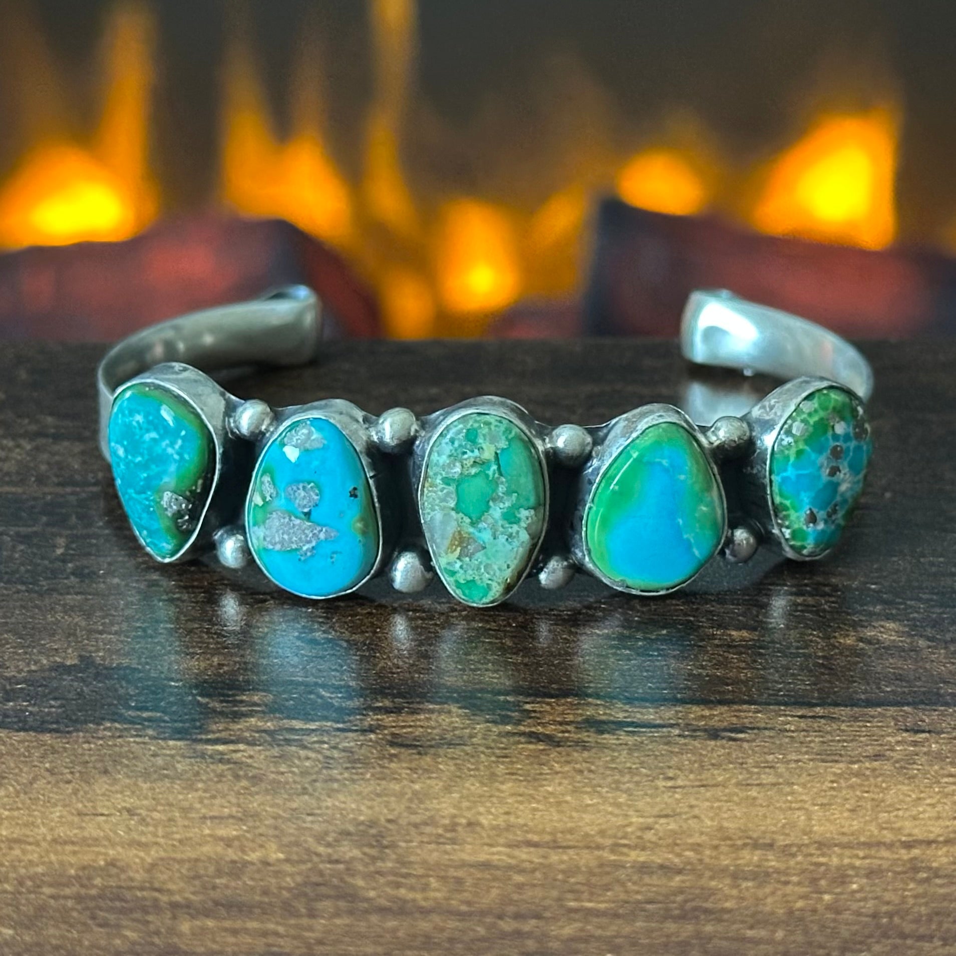 Navajo Darrell Morgan Sonoran Gold Turquoise 5 Stone Sterling Raindrop Cuff