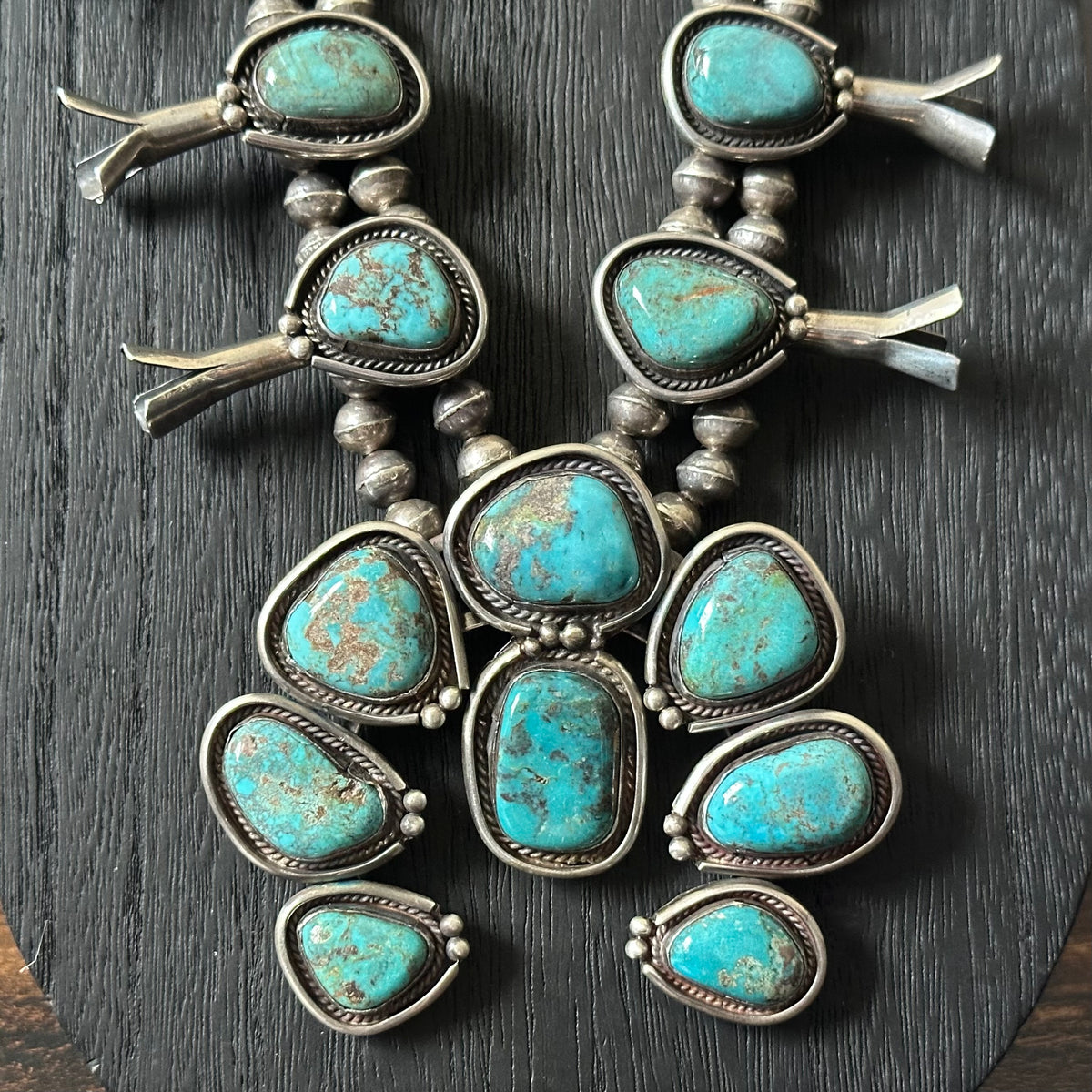 1960-70s Turquoise 18 Stone Sterling Handmade Bead Twist Wire Squash Blossom