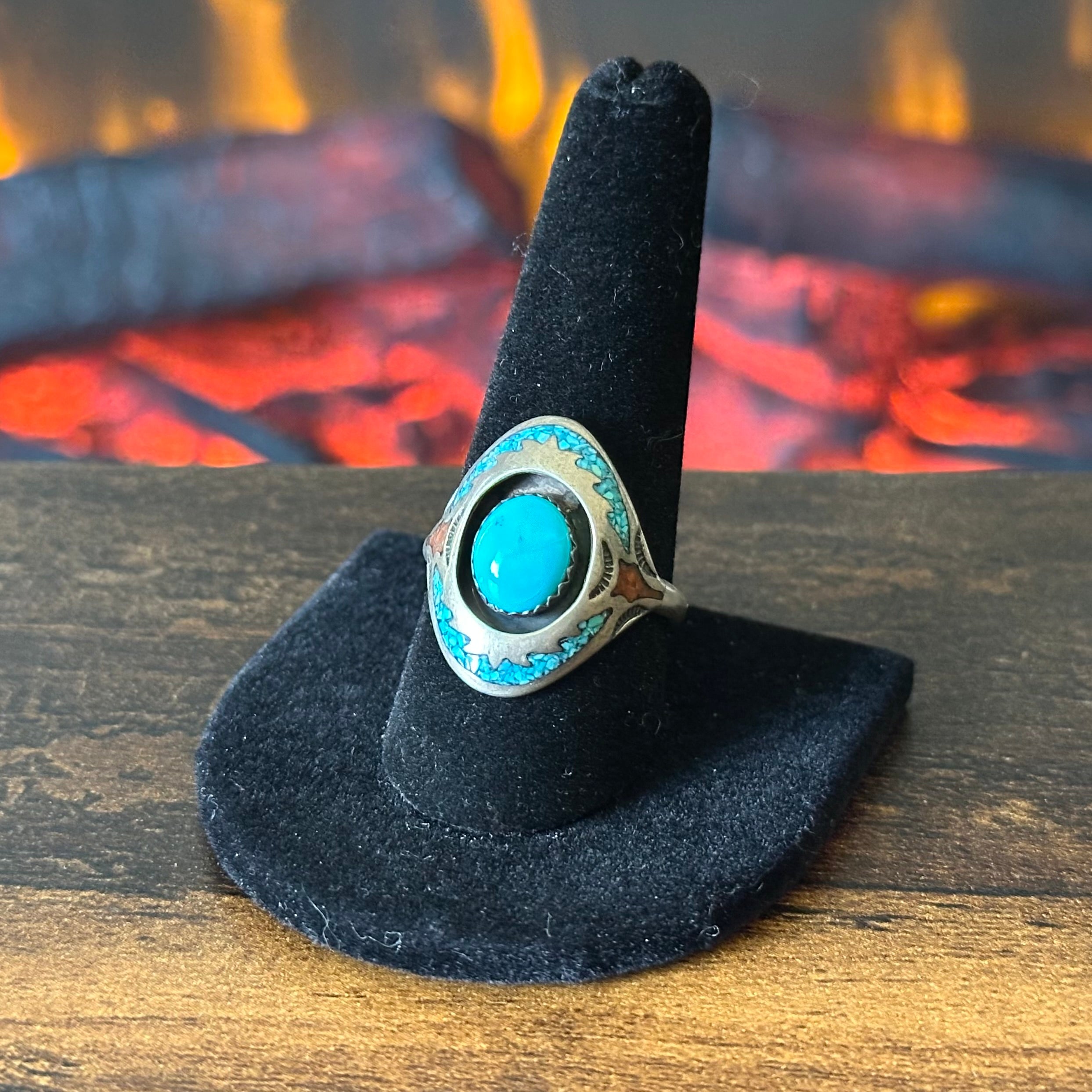 Turquoise Red Coral Sterling Shadowbox Chip Inlay Ring