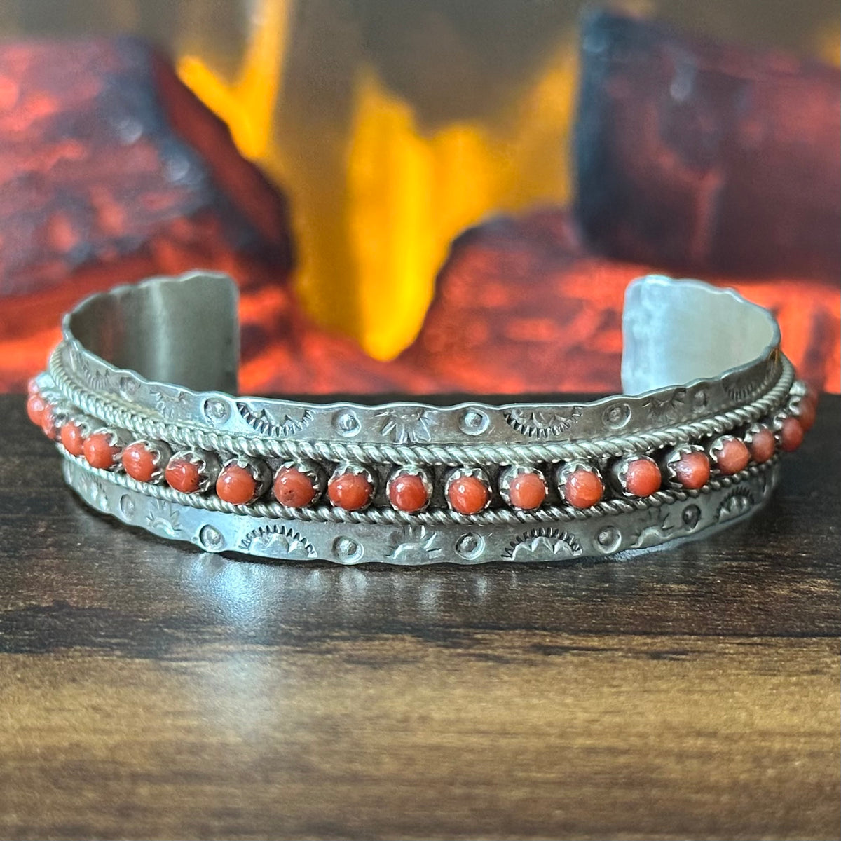 Zuni Jason & Pearl Ukestine Red Coral 21 Stone Sterling Hand Stamped Snake Eye Stacker Cuff