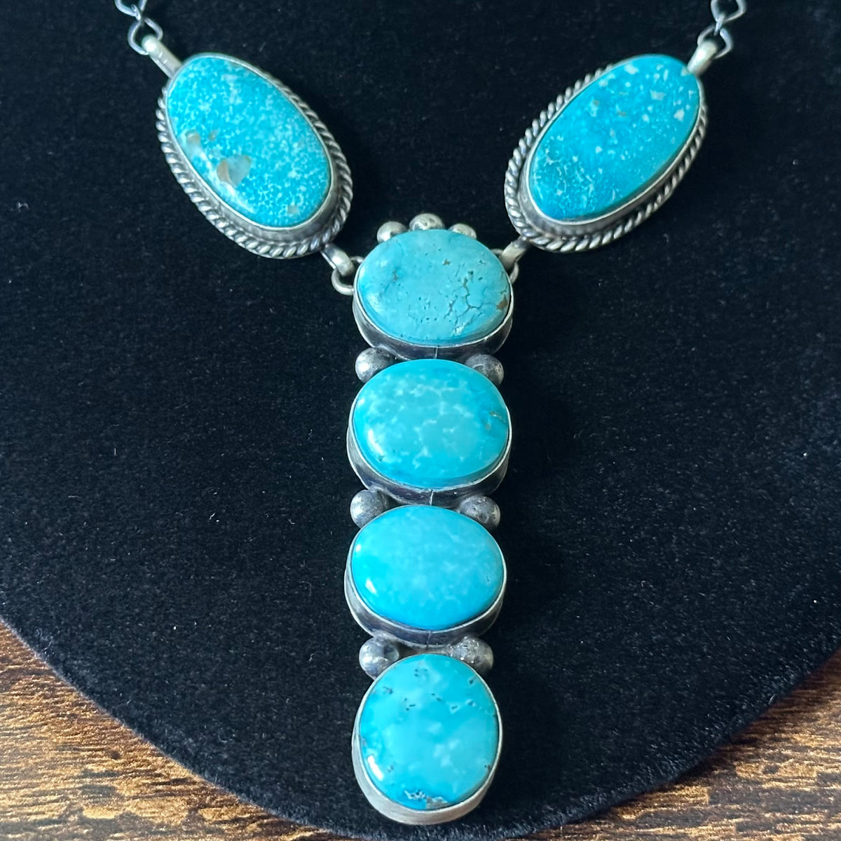 Navajo Eli Skeets Turquoise 6 Stone Sterling Raindrop Lariat Necklace
