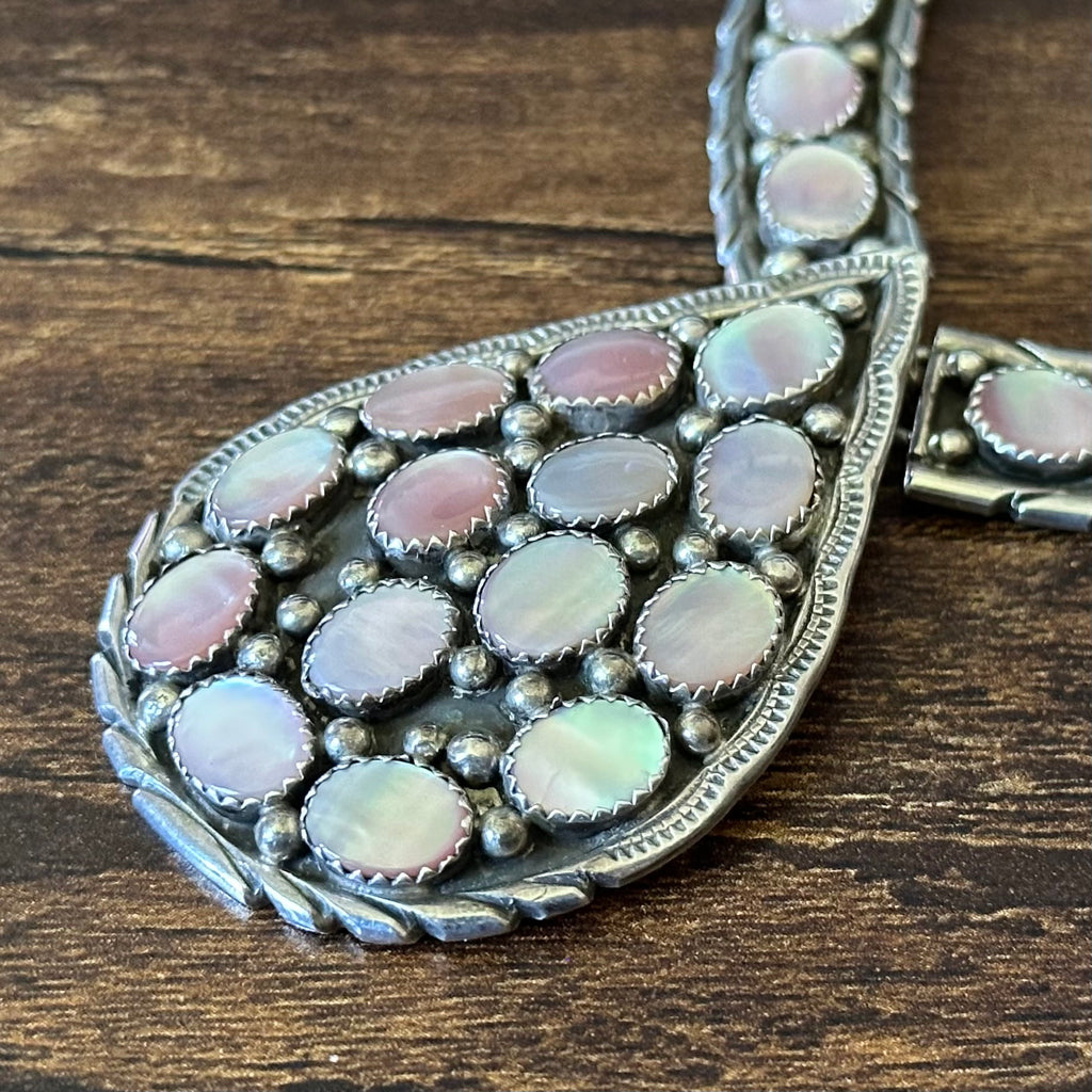 Navajo Carlos Signed Mother of Pearl 34 Stone Sterling Teardrop Cluster Statement Necklace
