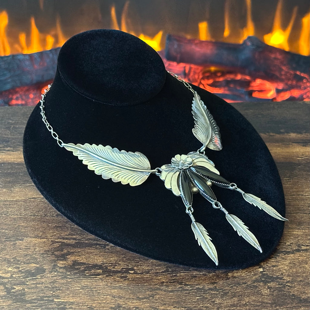 Navajo JW Toadlena Onyx 3 Stone Sterling Floral Leaf Feather Statement Necklace