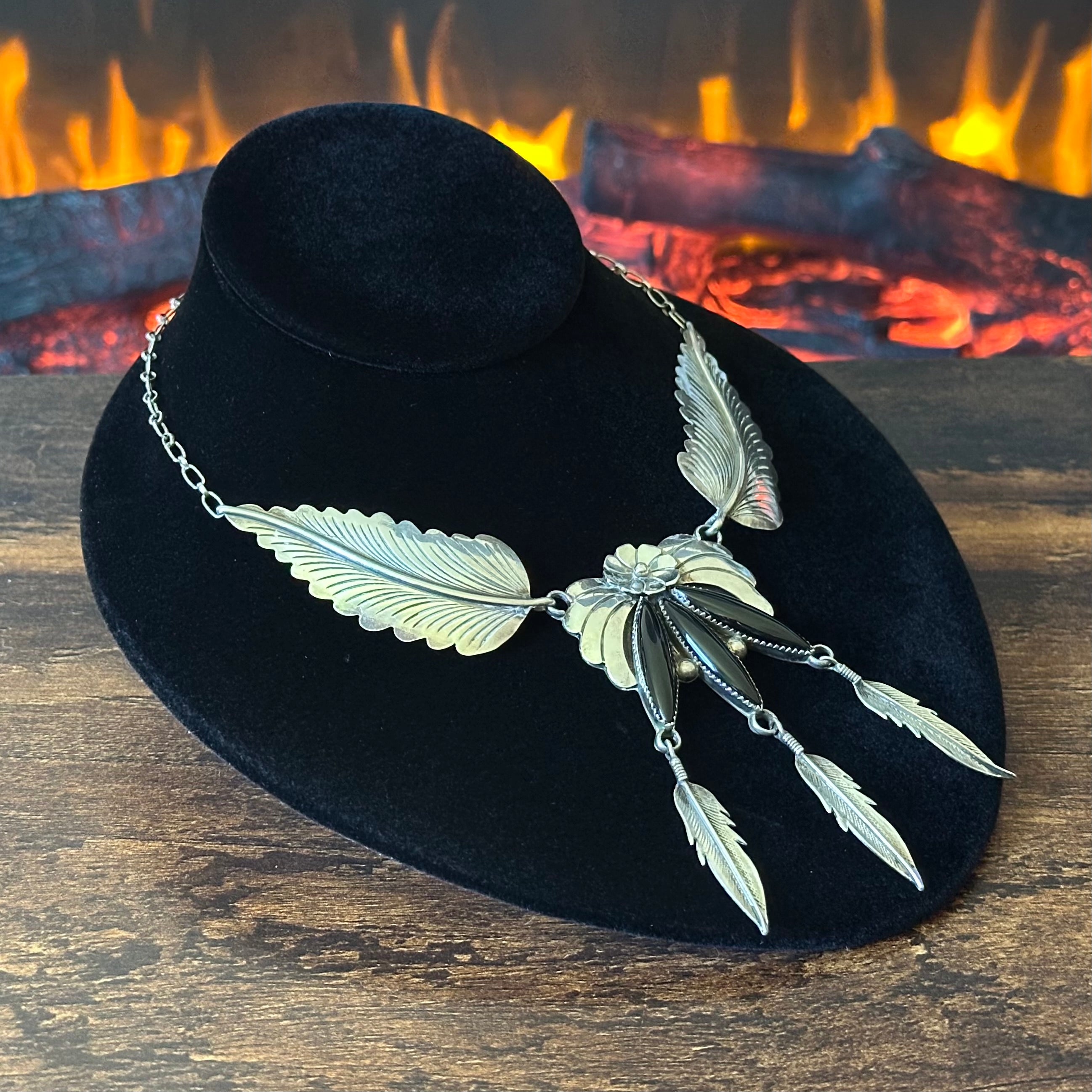 Navajo JW Toadlena Onyx 3 Stone Sterling Floral Leaf Feather Statement Necklace