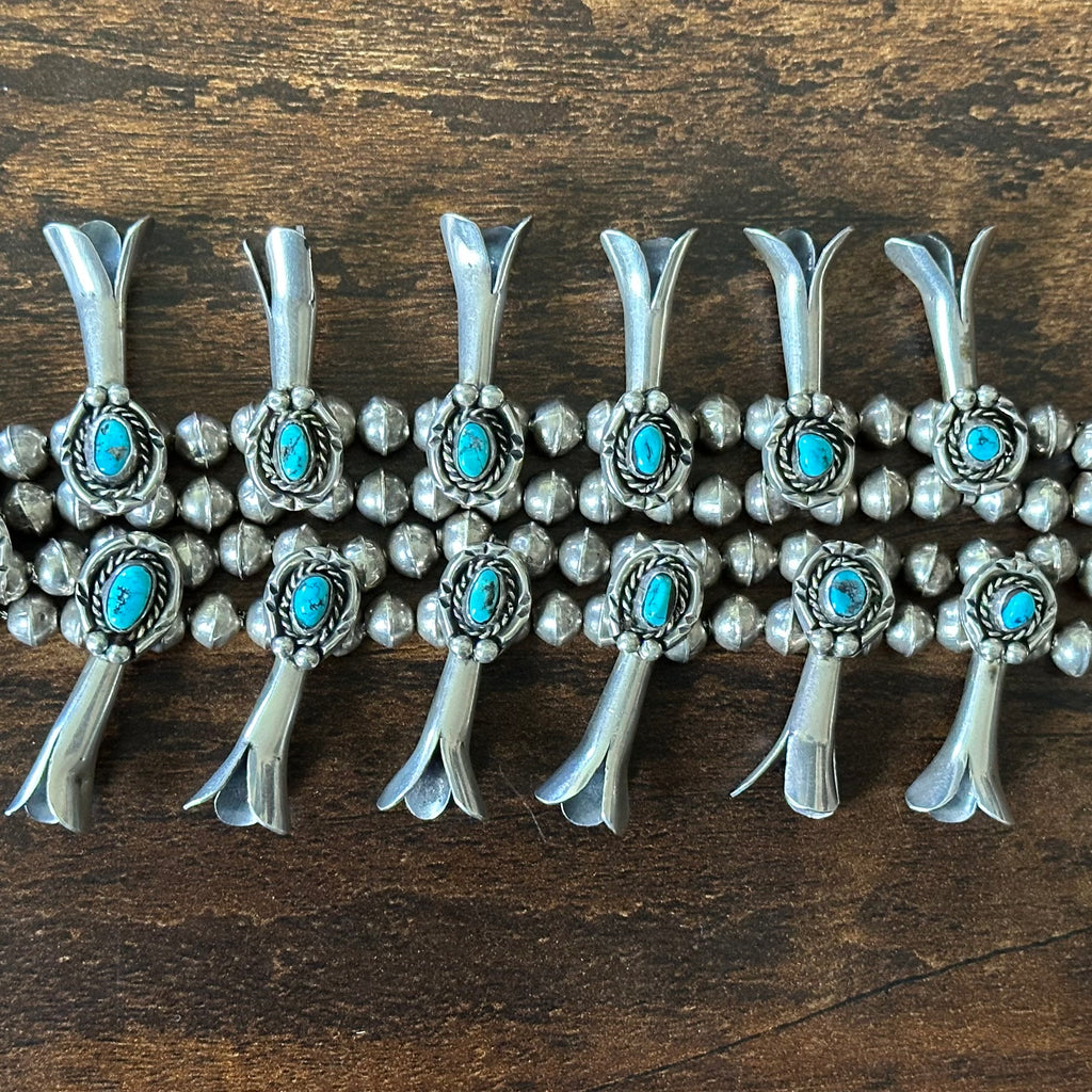 Turquoise 20 Stone Sterling Handmade Bead Twist Wire Bezel Squash Blossom