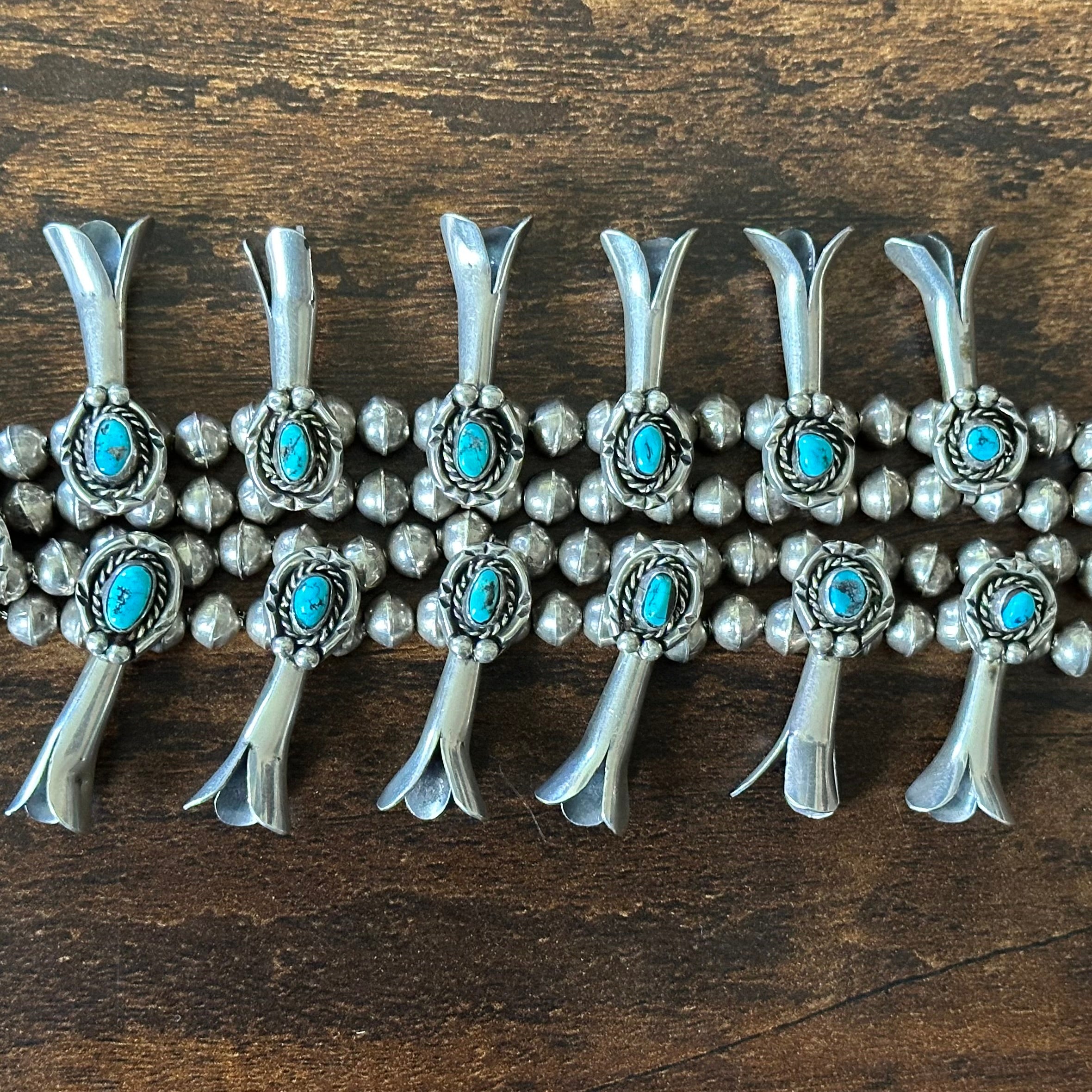 Turquoise 20 Stone Sterling Handmade Bead Twist Wire Bezel Squash Blossom