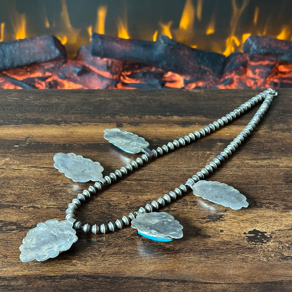 Pueblo Jacob Troncosa Turquoise 5 Stone Sterling Hand Stamped Pendant Station Necklace