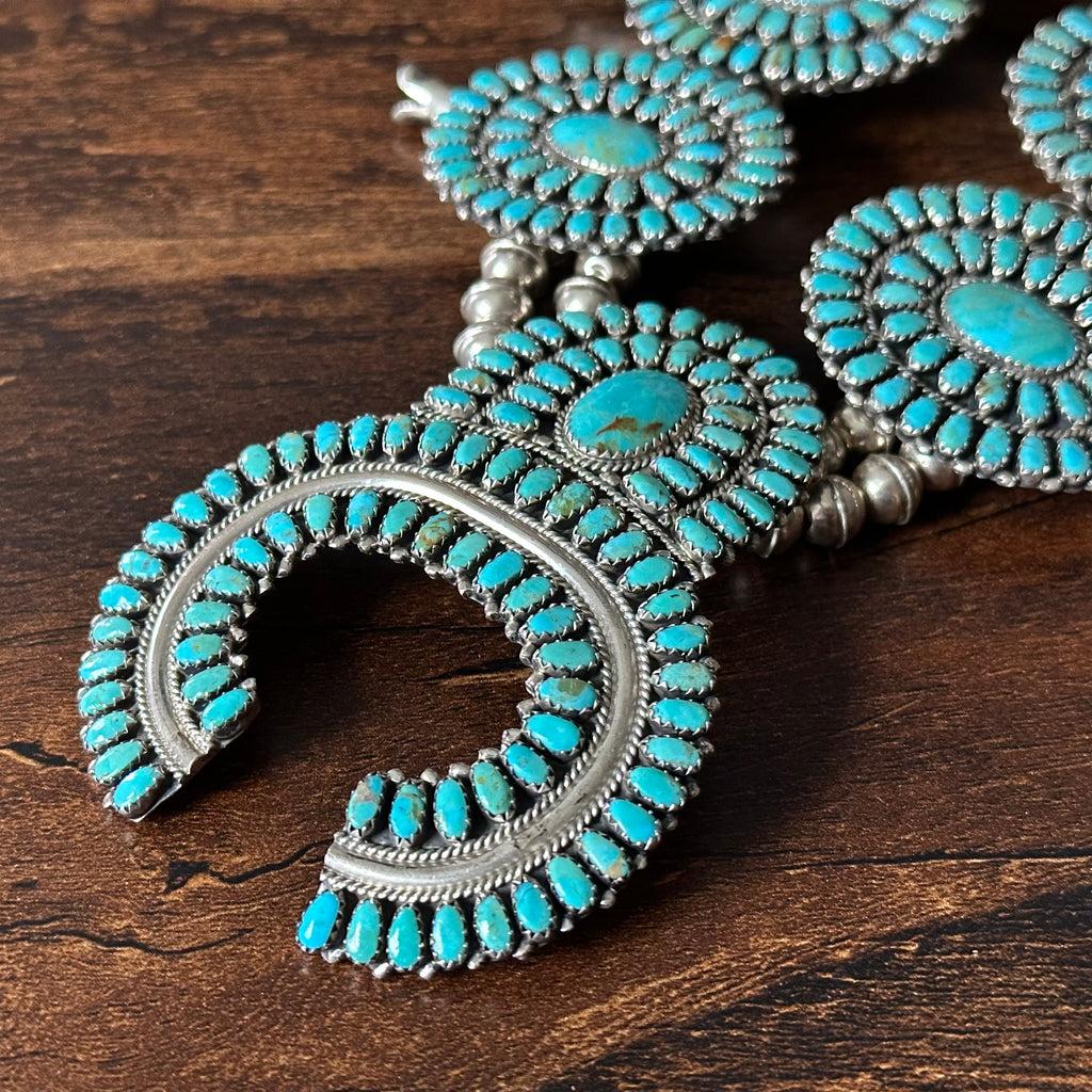 Navajo Larry Moses Begay Turquoise 473 Stone Sterling Petite Point Cluster Squash Blossom Necklace