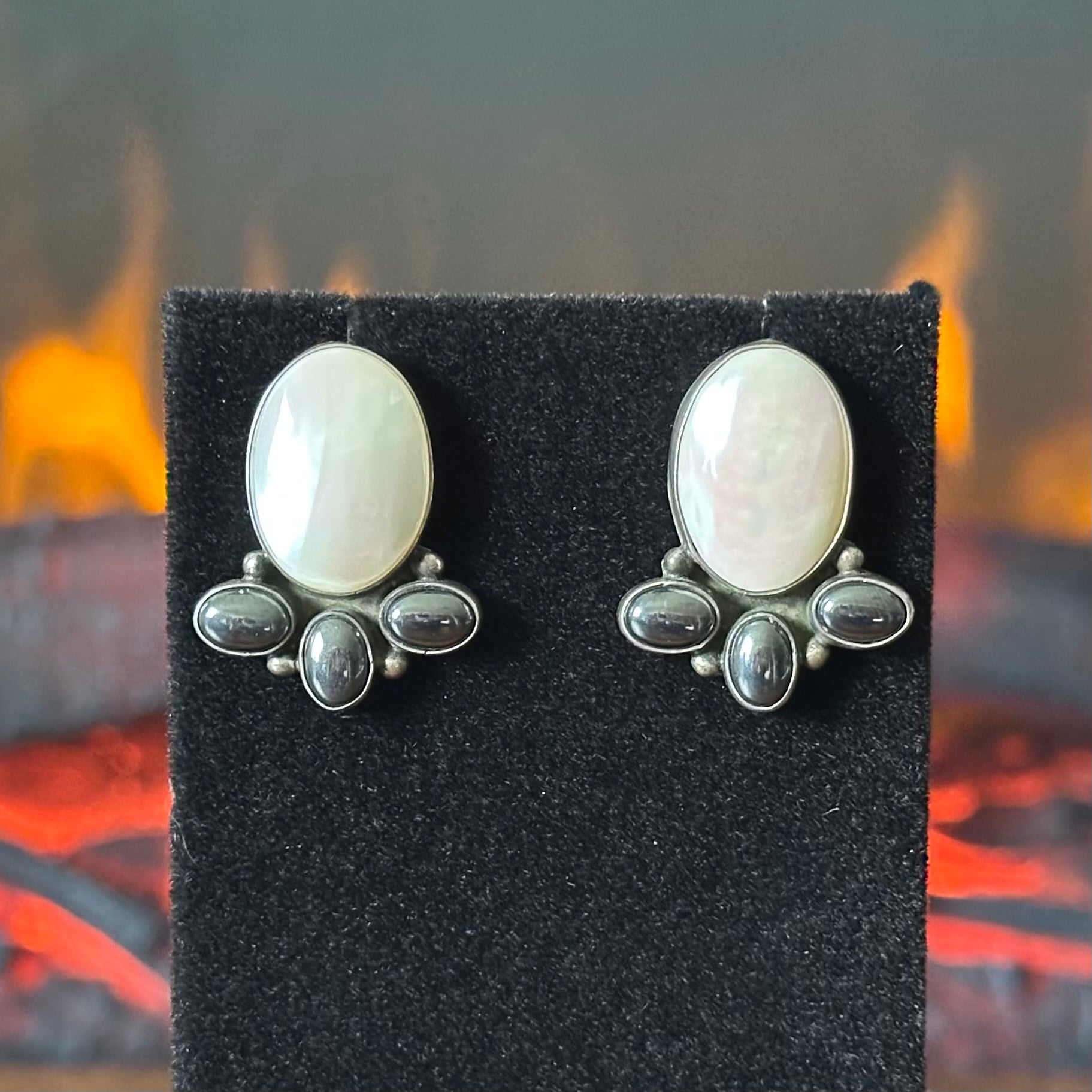 Pictogram Signed Mother of Pearl Hematite 8 Stone Cluster Stud Earrings