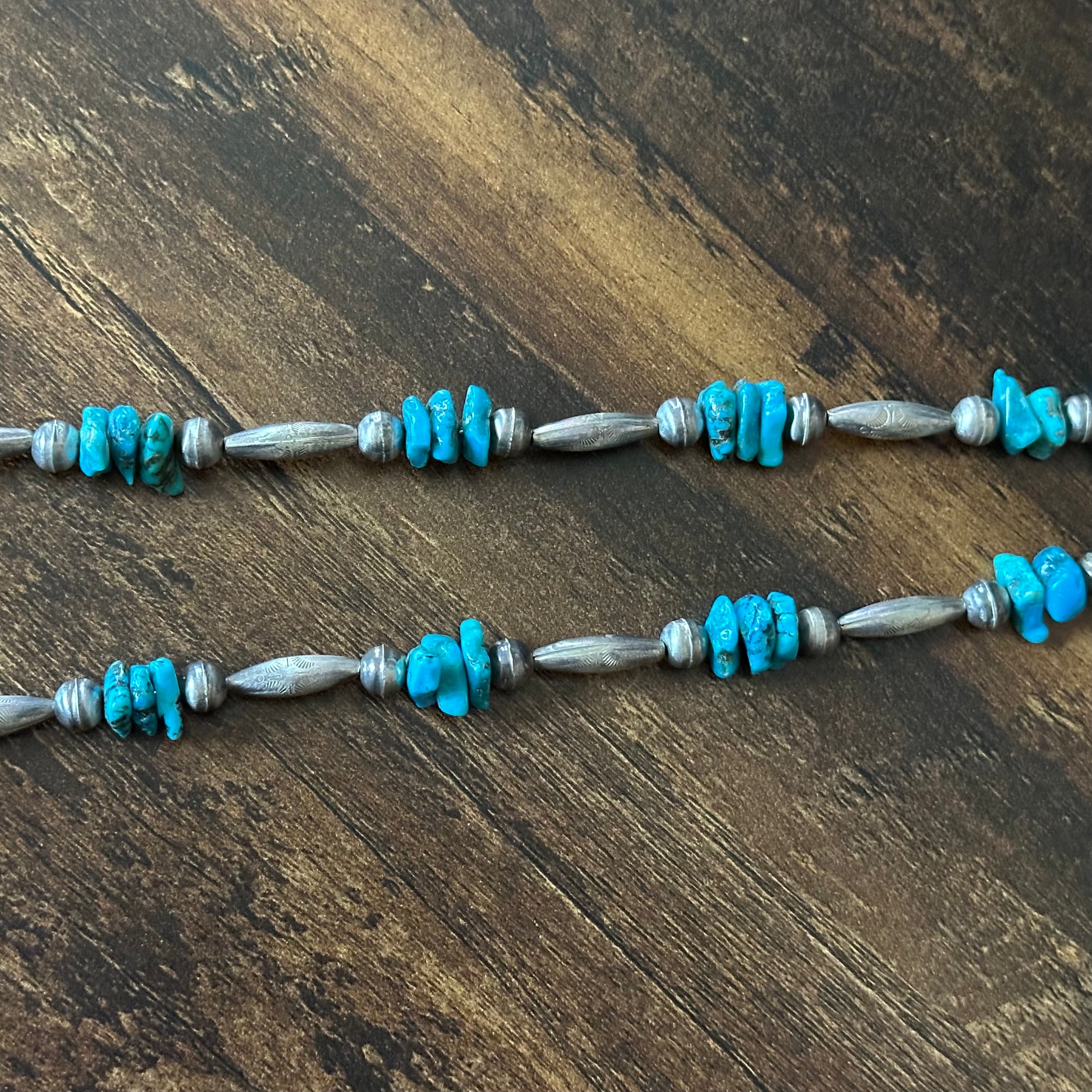 Chunky Turquoise 33 Stone Sterling Bench Stamped Torpedo Bead Necklace