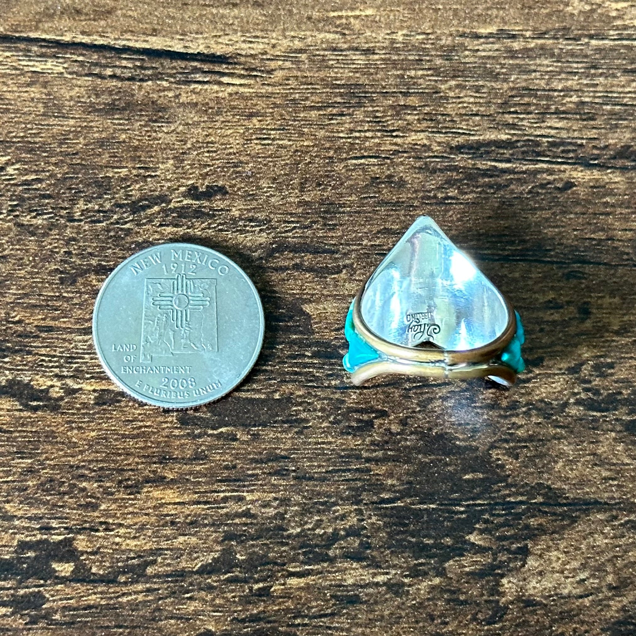 Silver Ray Turquoise Gold Over Sterling Ornate Inlay Ring