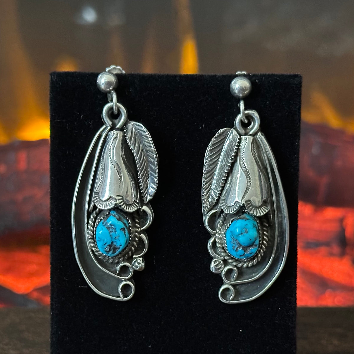 1970s GH Signed Turquoise 18 Nugget Stone Sterling Hand Stamped Ornate Squash Blossom Necklace Earrings Set
