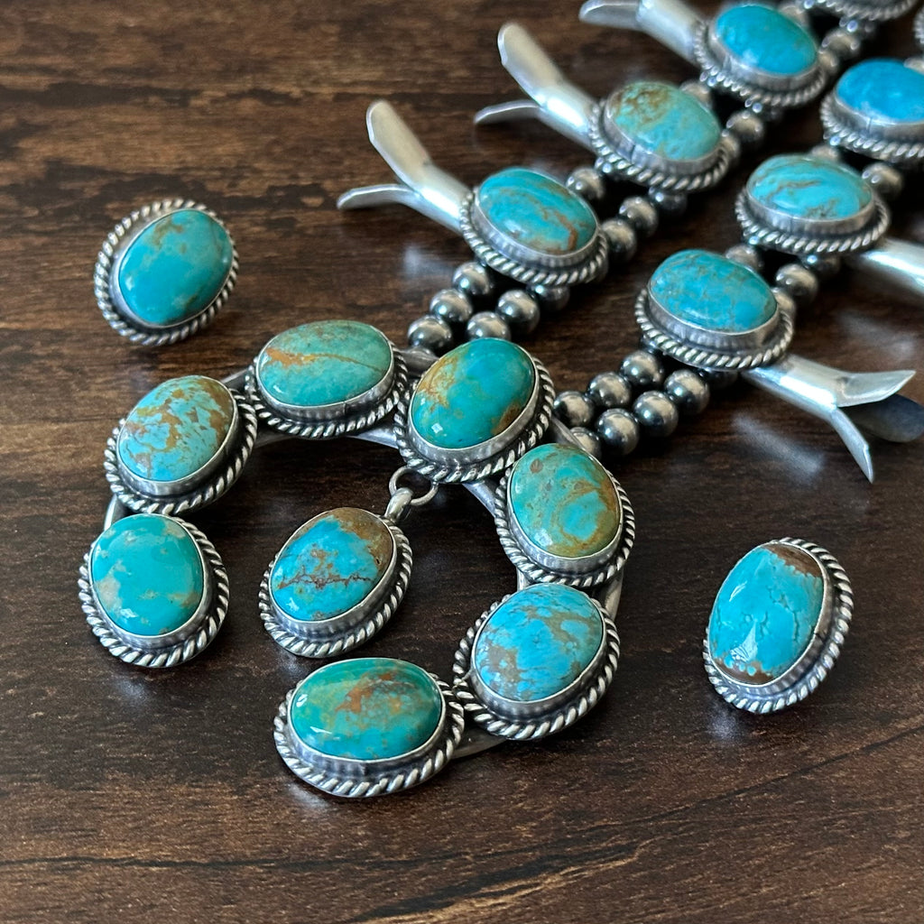 Navajo Elouise Kee Mine #8 Turquoise 18 Stone Sterling Twist Wire Bezel Squash Blossom Earrings Set