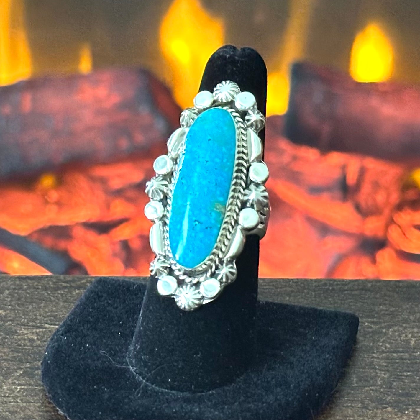 Running Bear Trading Turquoise Sterling Hand Stamped Twist Wire Bezel Statement Ring