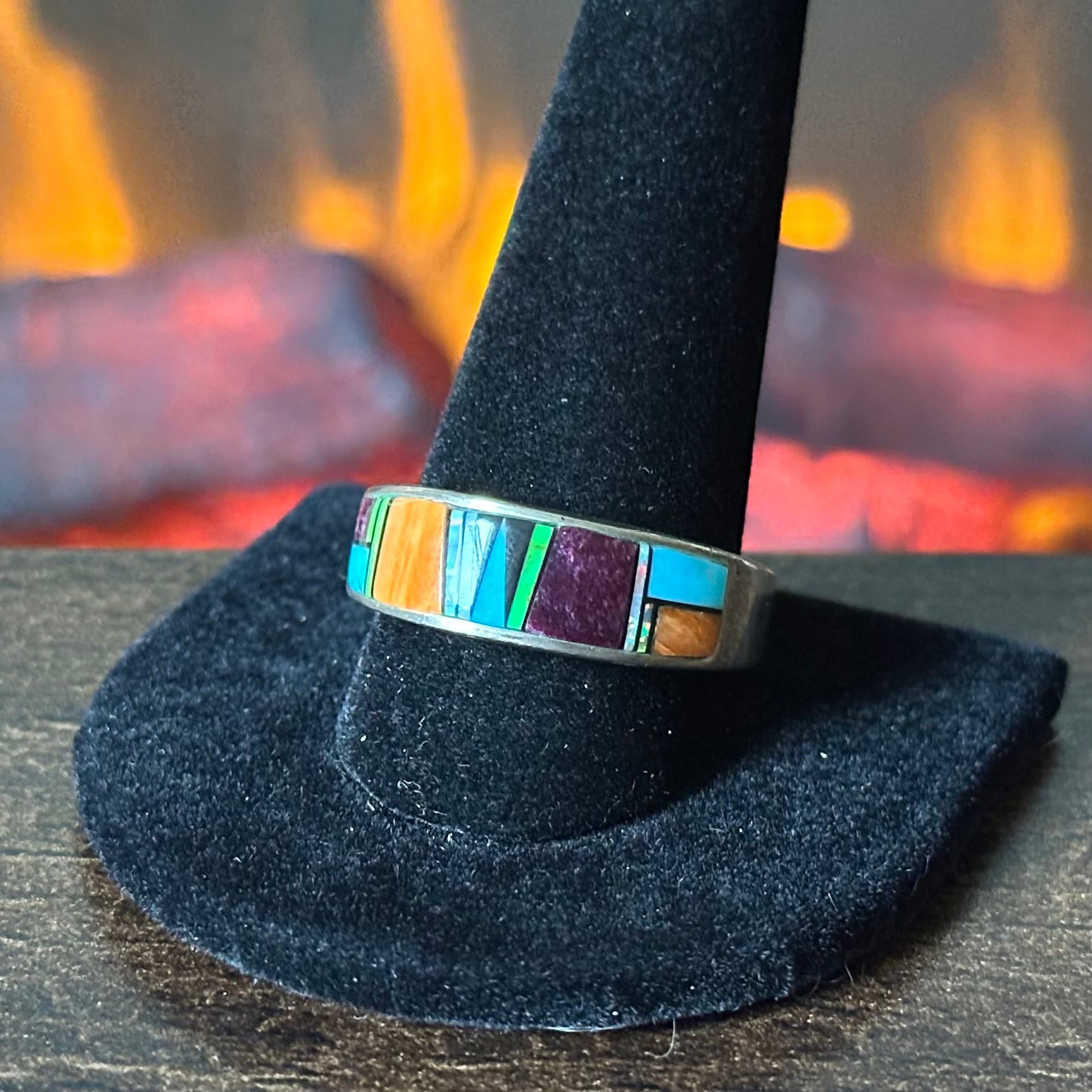 AT Signed Turquoise Spiny Oyster Opal Gaspeite Sterling Inlay Ring