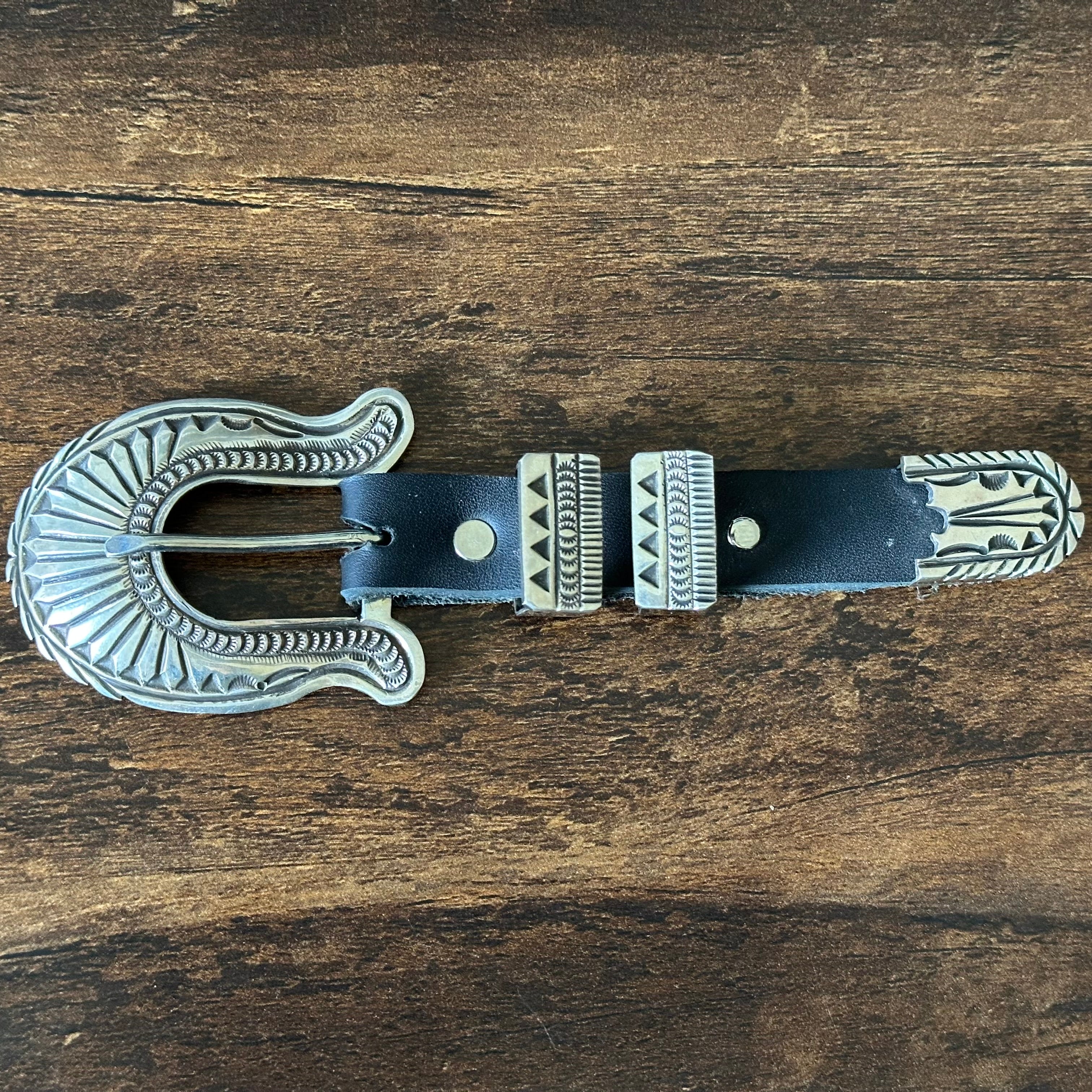 Navajo Leonard Maloney Sterling Hand Stamped Leather Belt Buckle