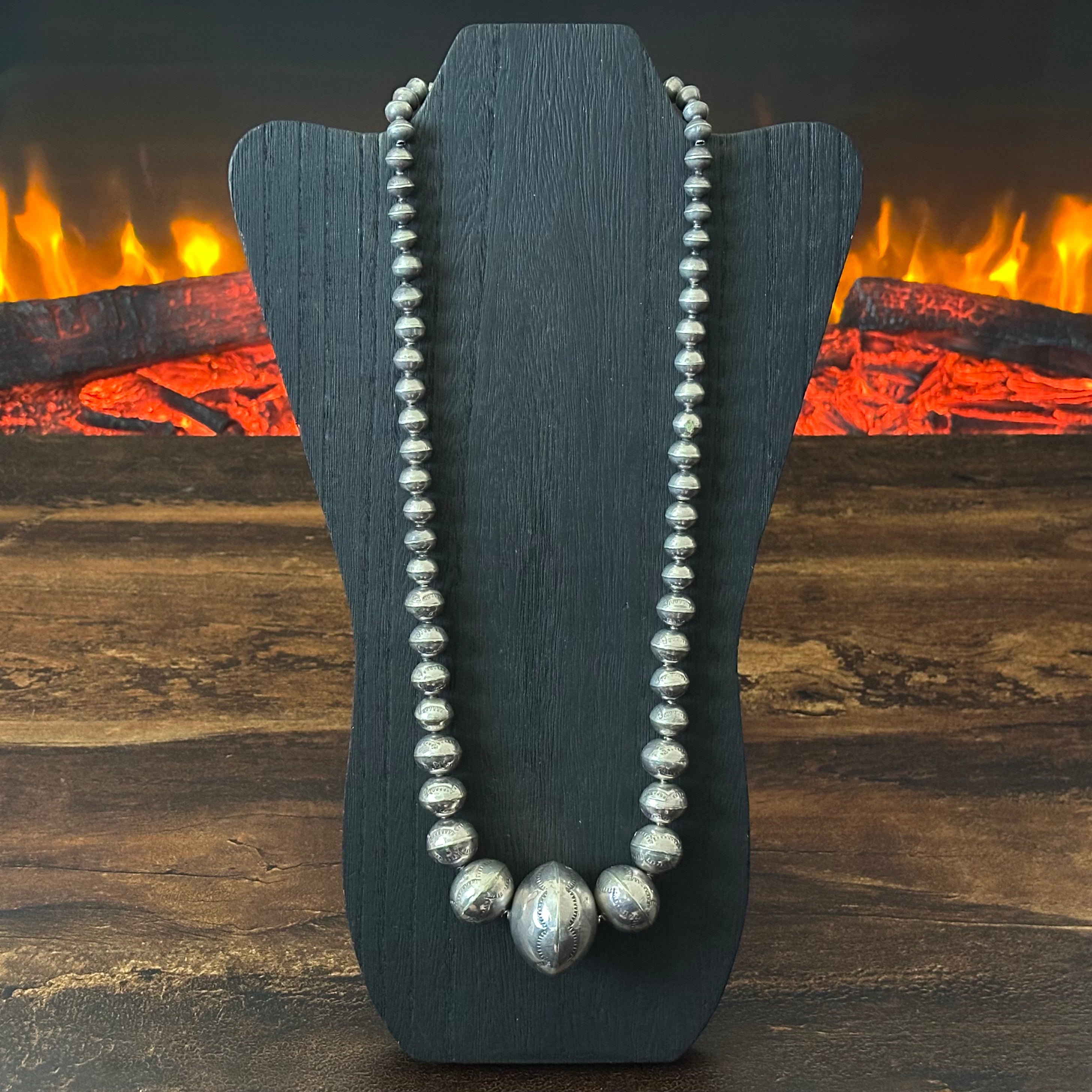 Handmade Graduated Stamped Sterling Pearl Necklace