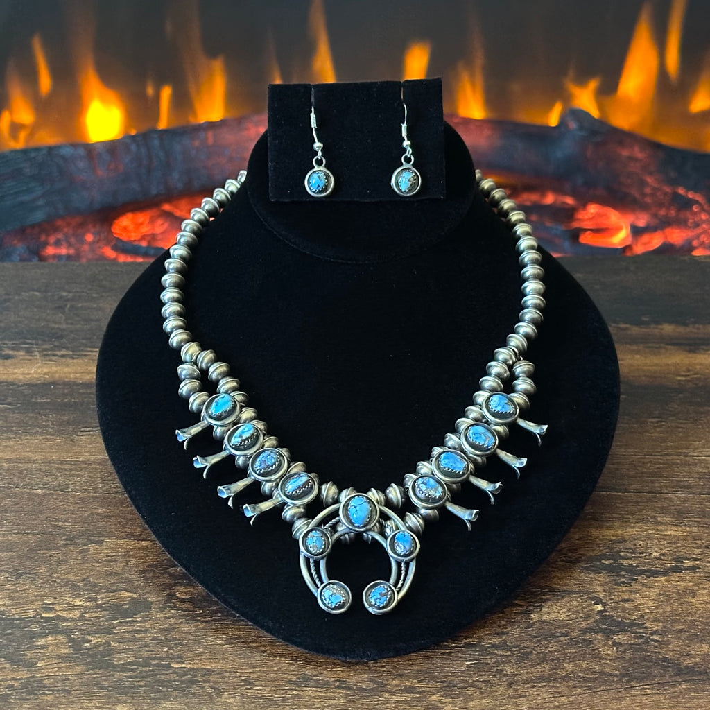 Navajo Phil & Lenora Garcia Golden Hills Turquoise 13 Stone Oxidized Sterling Squash Blossom Earrings Set
