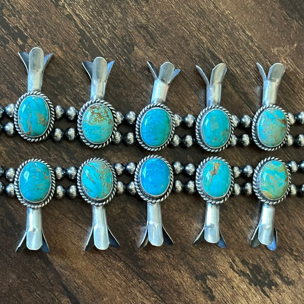 Navajo Elouise Kee Mine #8 Turquoise 18 Stone Sterling Twist Wire Bezel Squash Blossom Earrings Set