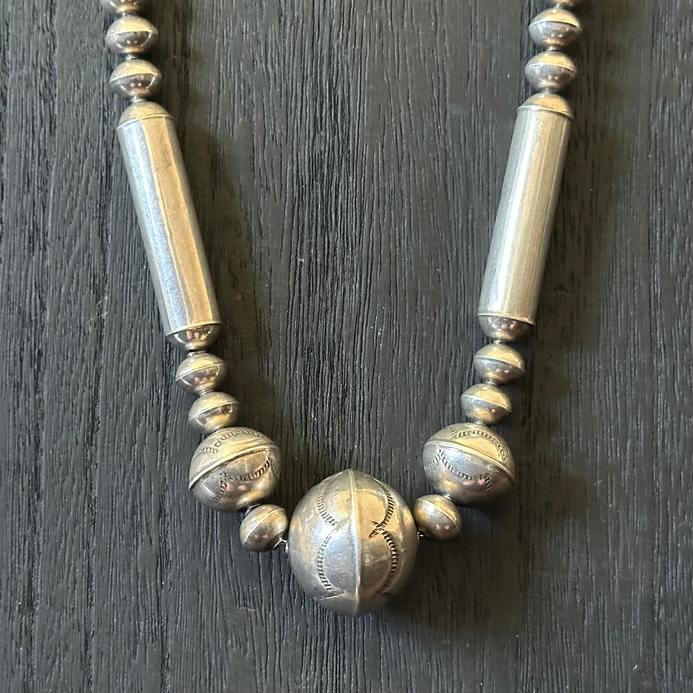 Sterling Handmade Hand Stamped Cylinder Bead Pearl Necklace
