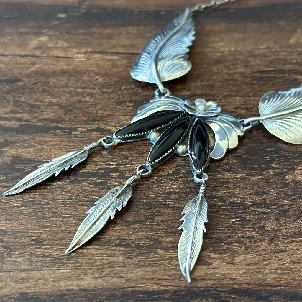Navajo JW Toadlena Onyx 3 Stone Sterling Floral Leaf Feather Statement Necklace