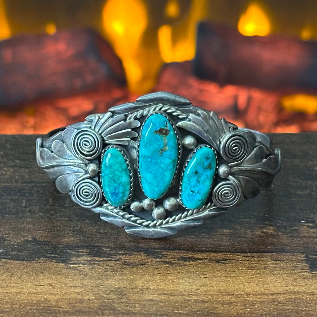 Navajo Ray Yazzie Turquoise 3 Stone Sterling Twist Wire Ornate Leaf Cuff