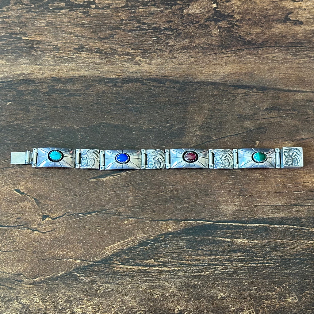 Navajo Tommy Jackson Turquoise Lapis Garnet Malachite Sterling Hand Stamped Bracelet