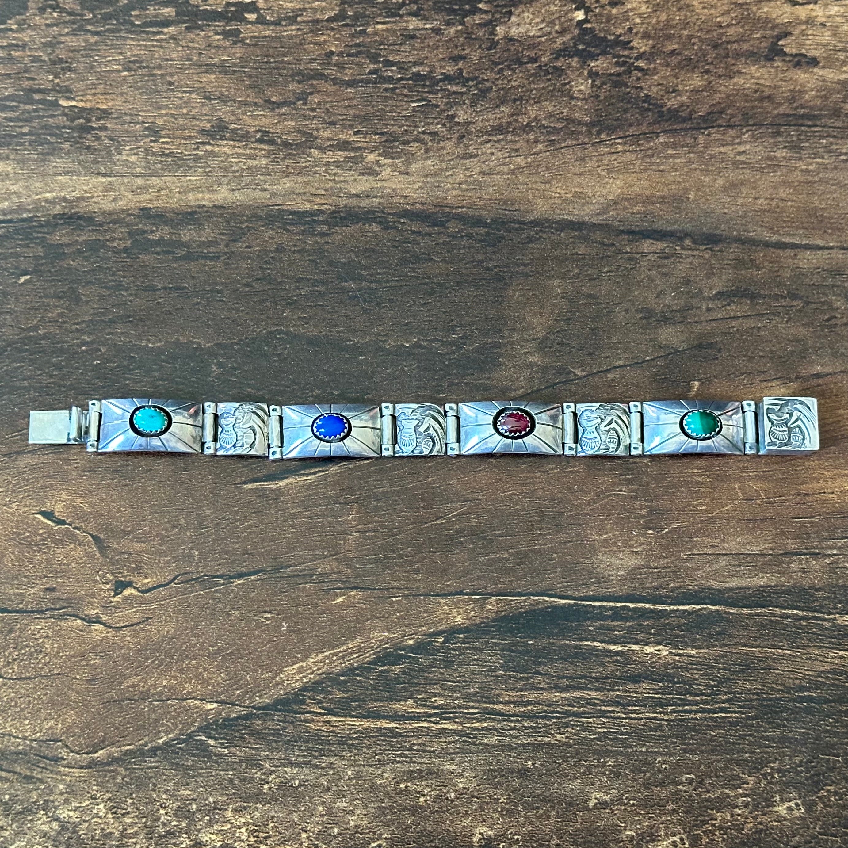 Navajo Tommy Jackson Turquoise Lapis Garnet Malachite Sterling Hand Stamped Bracelet