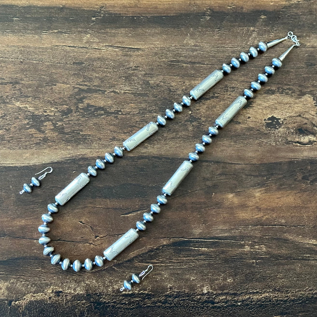 Navajo Sharon Cooley Sterling Handmade Stamped Cylinder Bead Necklace Earrings Set