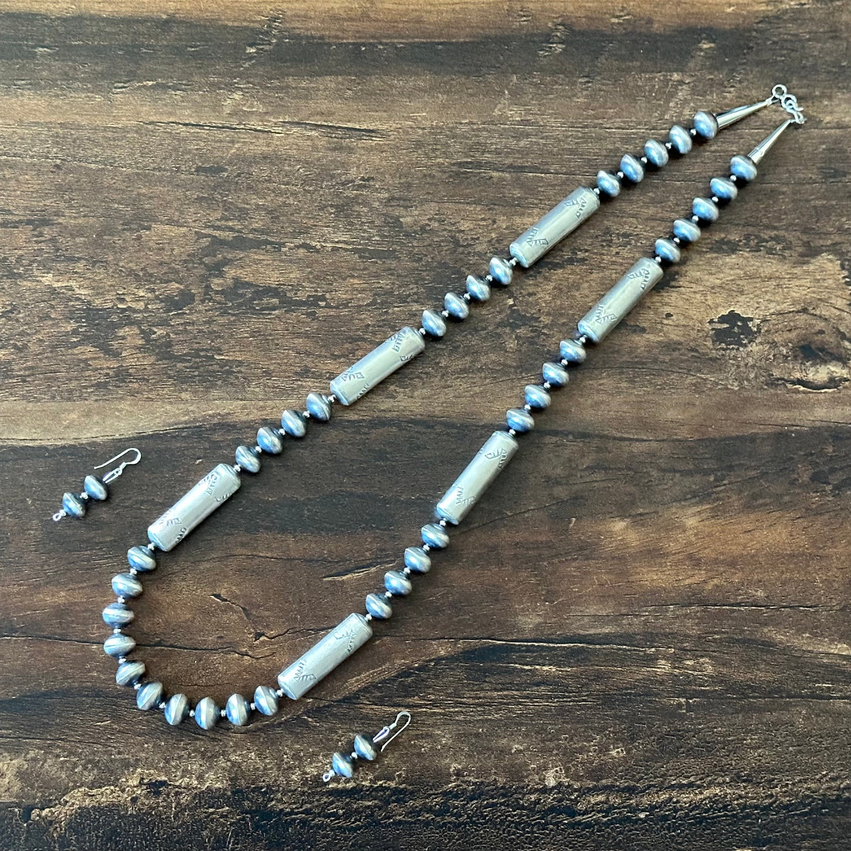 Navajo Sharon Cooley Sterling Handmade Stamped Cylinder Bead Necklace Earrings Set