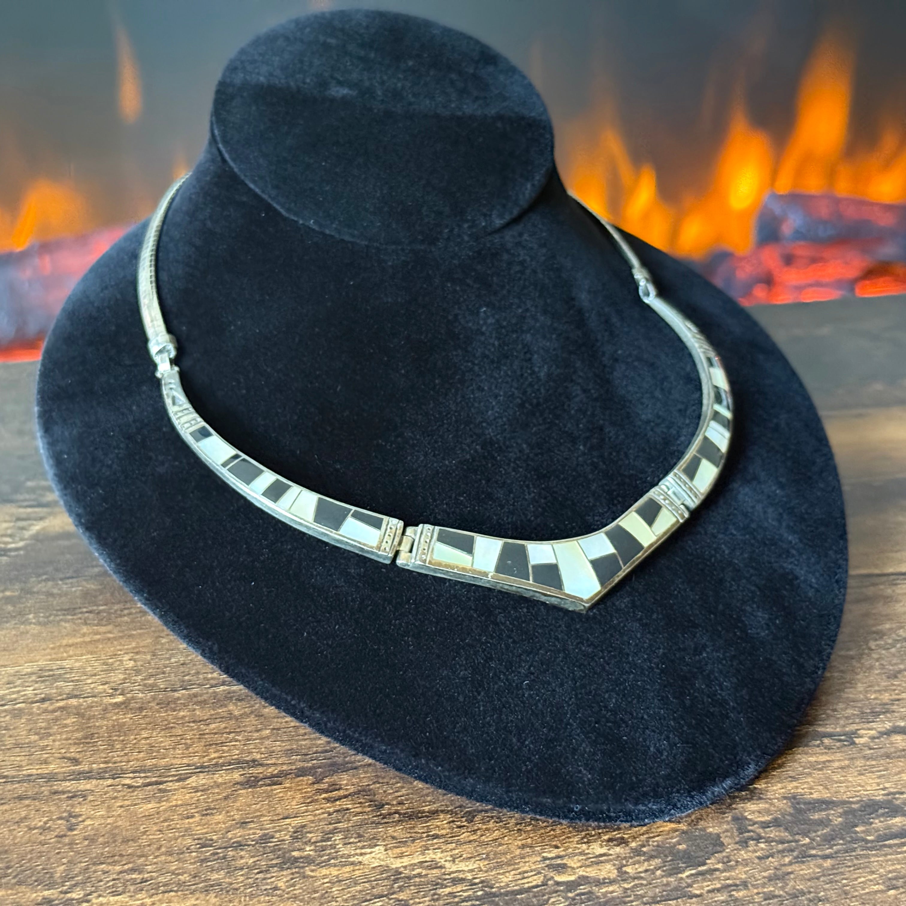 Navajo Supersmith Inc. Onyx Mother of Pearl Sterling Hinged Inlay Statement Necklace