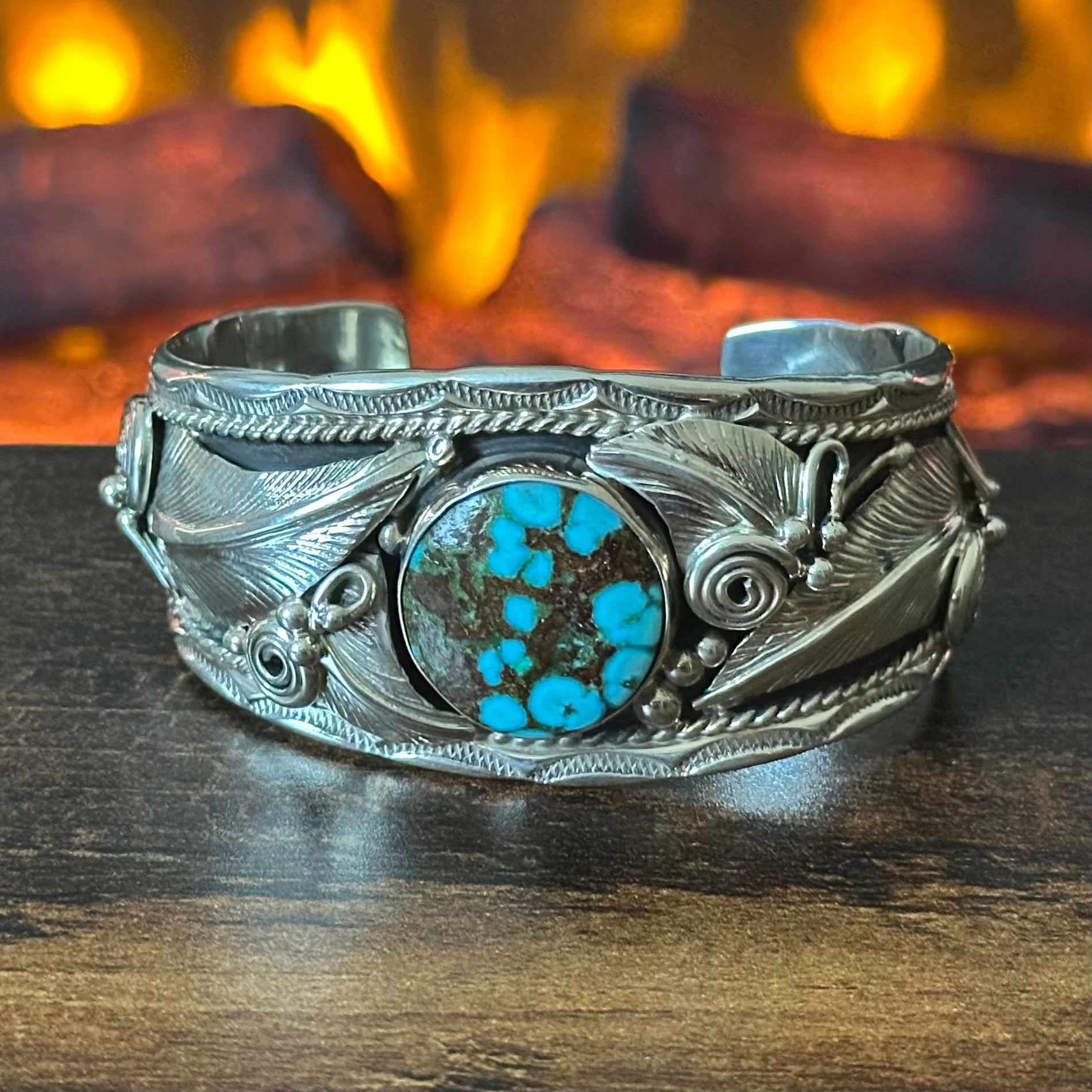 Navajo Darrell Morgan Turquoise Sterling Hand Stamped Ornate Feather Statement Cuff