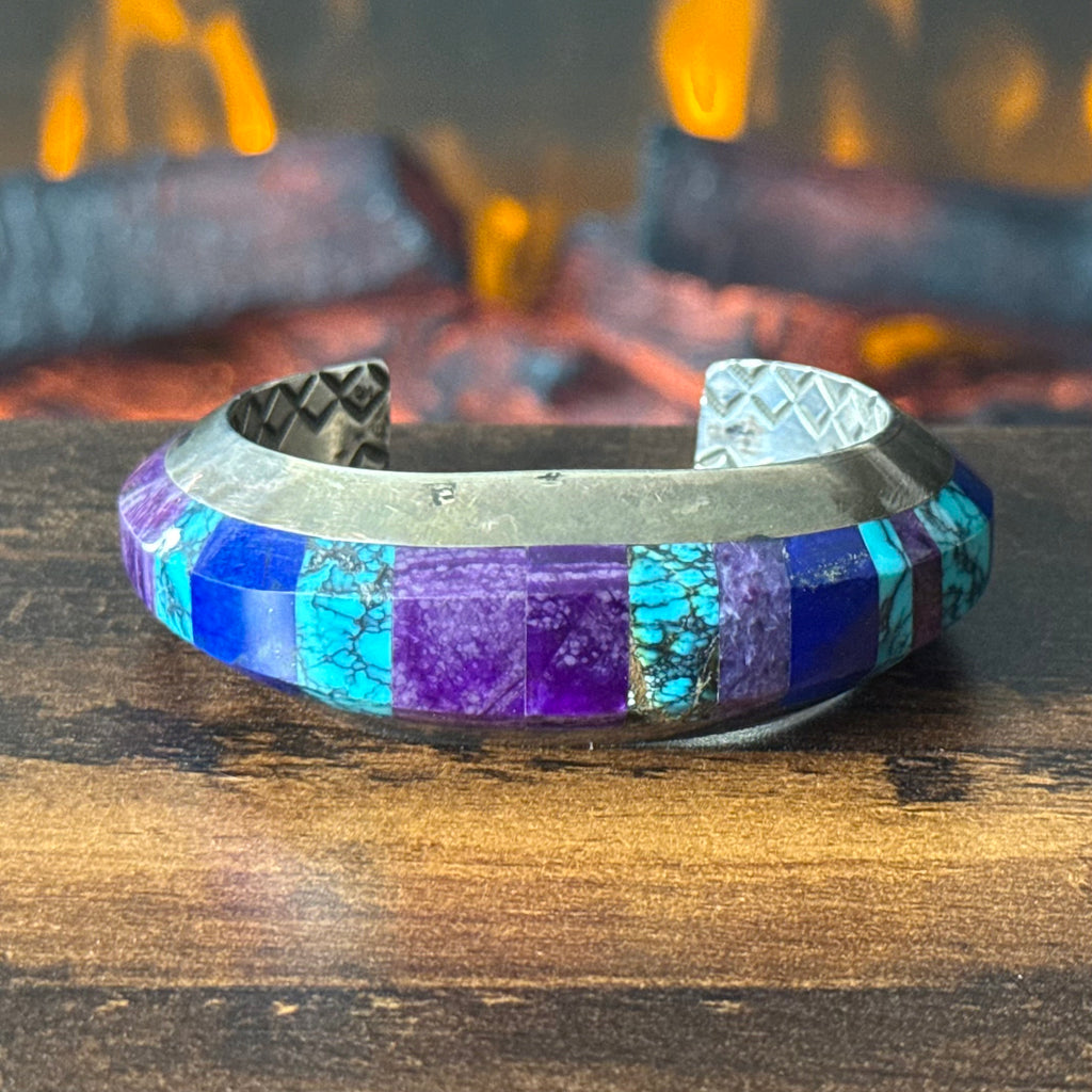 Navajo Herbert Toledo Turquoise Lapis Sugilite Sterling Hand Stamped Inlay Statement Cuff
