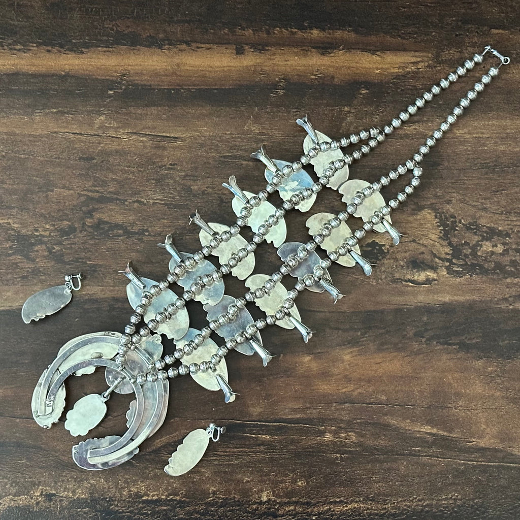1970s GH Signed Turquoise 18 Nugget Stone Sterling Hand Stamped Ornate Squash Blossom Necklace Earrings Set